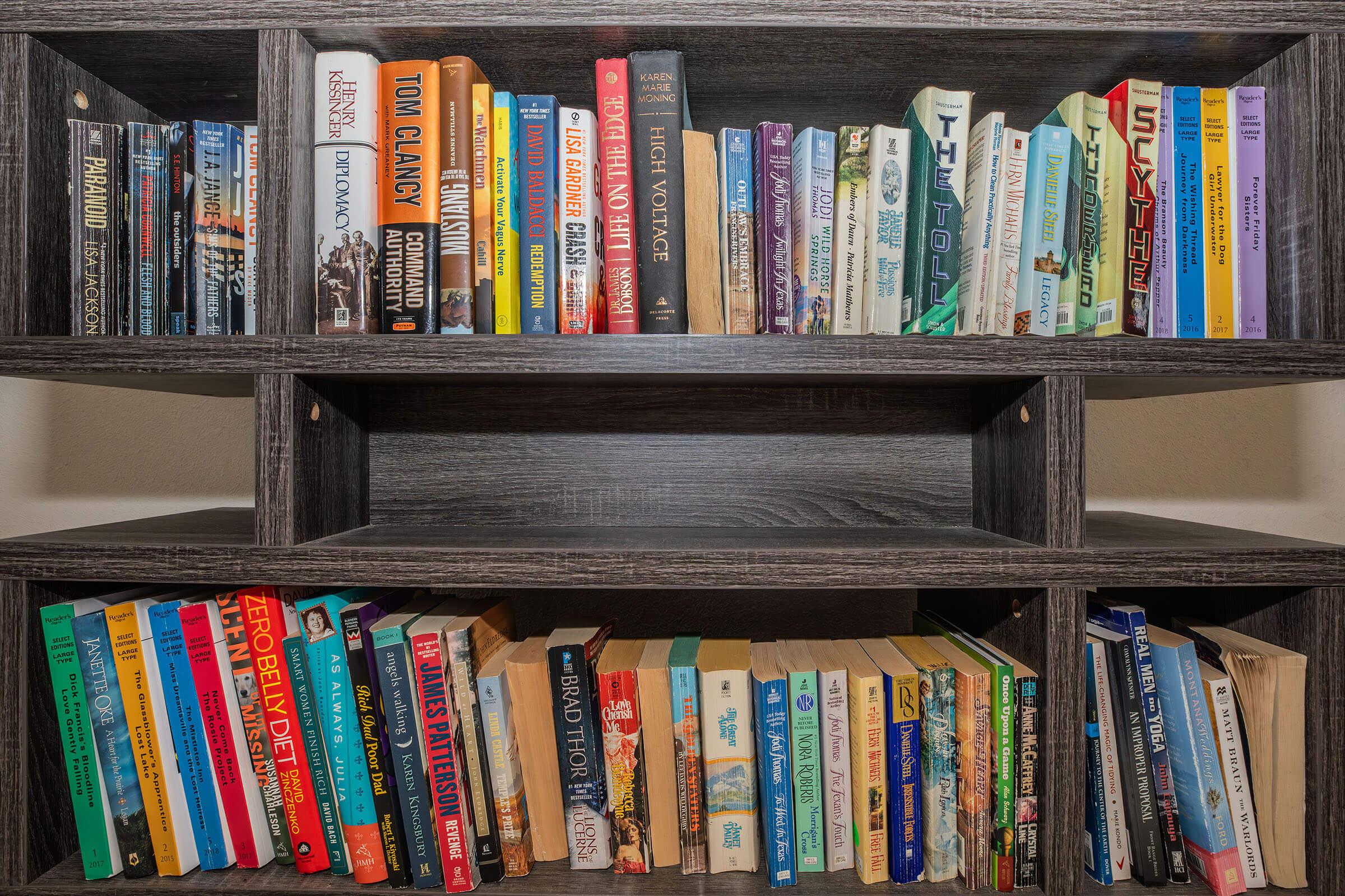 a book shelf filled with books