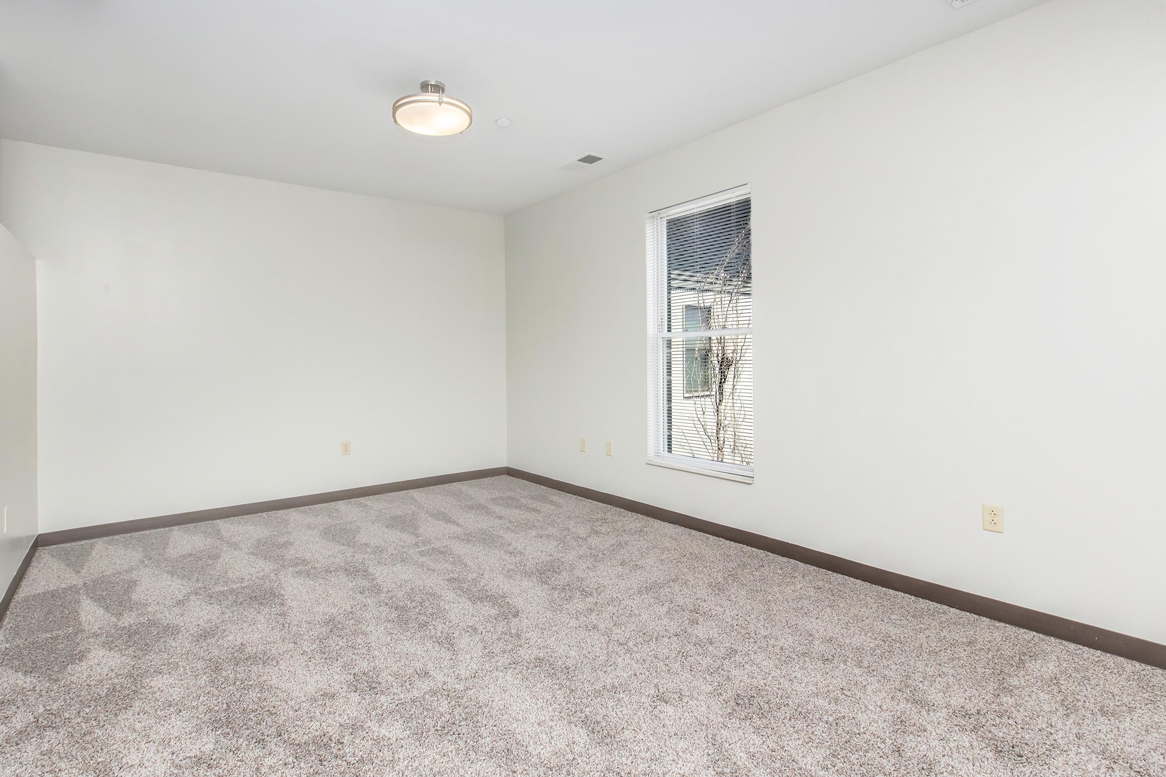 A spacious, empty room with light-colored walls and a carpeted floor. A simple ceiling light fixture illuminates the space. A large window with blinds provides natural light, and there are no furnishings. The room has a clean and modern look, ideal for various uses.
