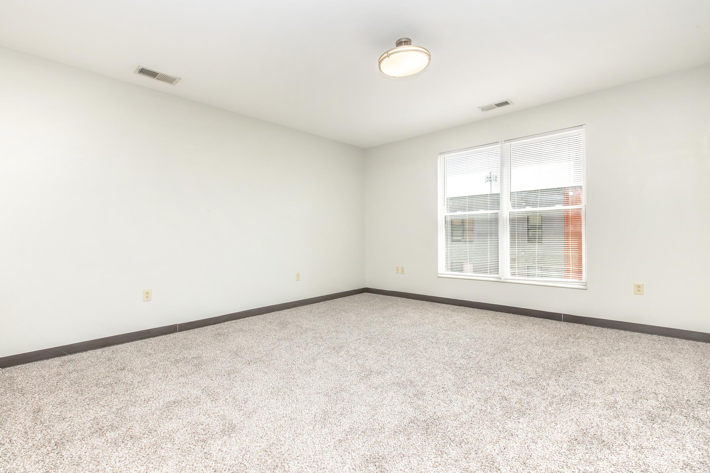 Empty room with freshly painted light gray walls, a plush beige carpet, and a simple ceiling light fixture. Two large windows allow natural light, with blinds partially open. The space has a minimalist design and ample room for furniture placement.