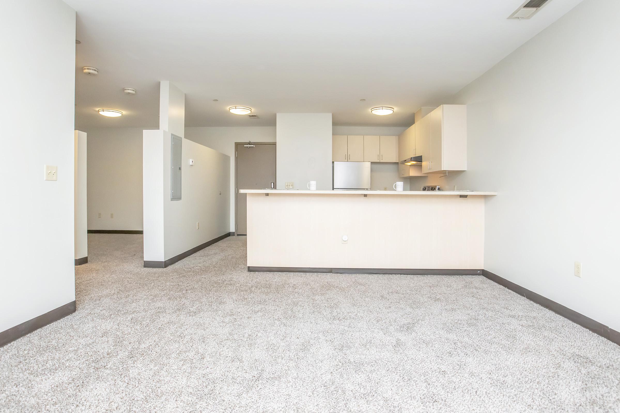 A modern, empty studio apartment featuring beige carpet flooring. The space includes a kitchenette with light-colored cabinets and appliances visible. The layout is open, with a neutral color scheme and overhead lighting. Natural light filters in from a nearby window, adding brightness to the room.