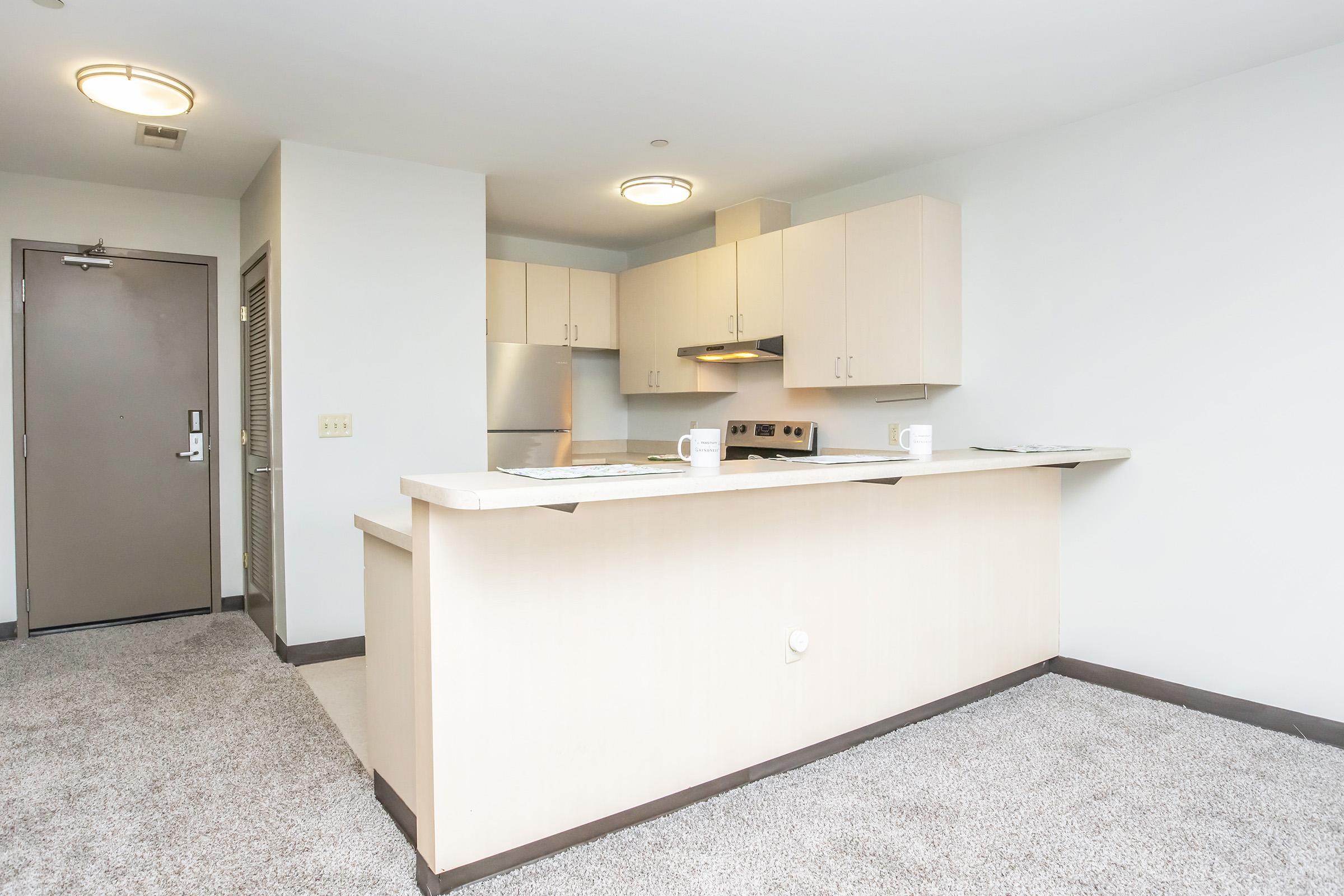 A modern, well-lit kitchen area featuring light-colored cabinets, a countertop with bar seating, and stainless steel appliances. The floor is carpeted, and there is an entry door visible on the left. The walls are painted in a light, neutral color, creating an open and inviting space.