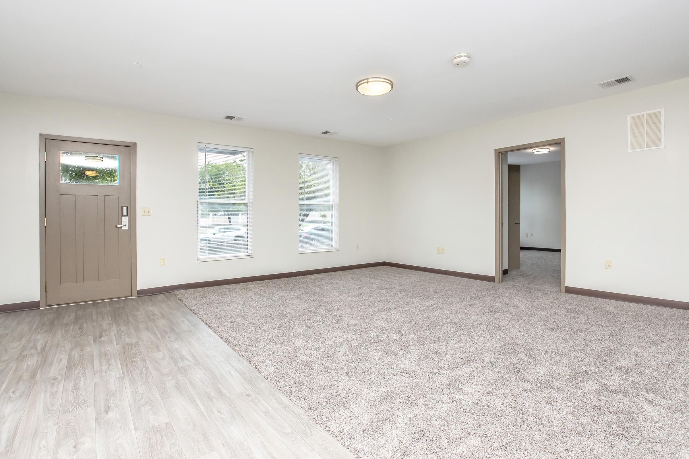 Empty room with light gray carpet and beige walls. A door is visible on the left, leading outside, and two windows let in natural light. An adjoining room is visible through a doorway on the right. The ceiling features modern lighting, contributing to a spacious and inviting atmosphere.