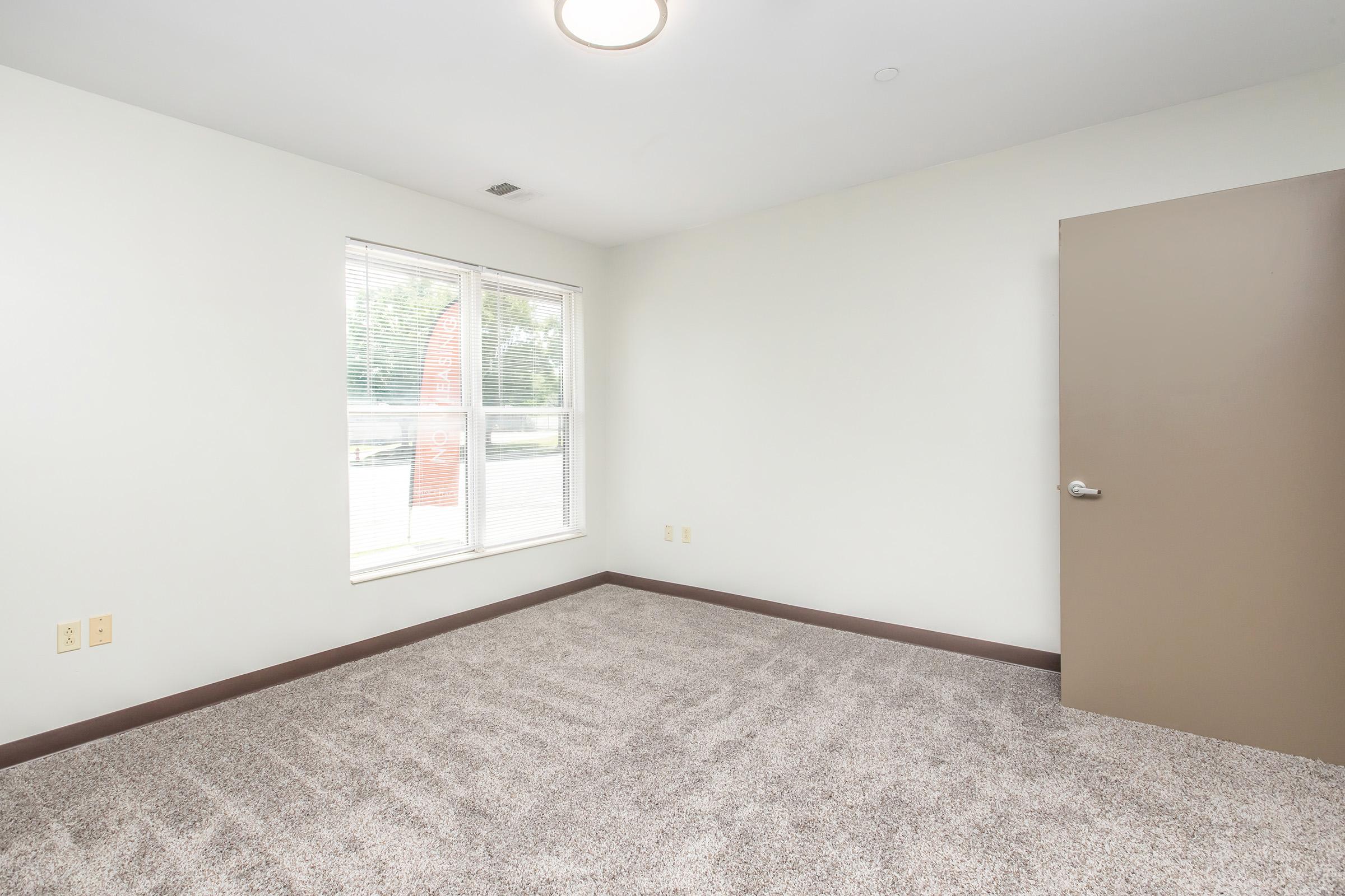 Empty room featuring light-colored walls, a large window with white blinds, and a brown door. The floor is covered with gray carpeting. The space is well-lit with a ceiling light fixture.