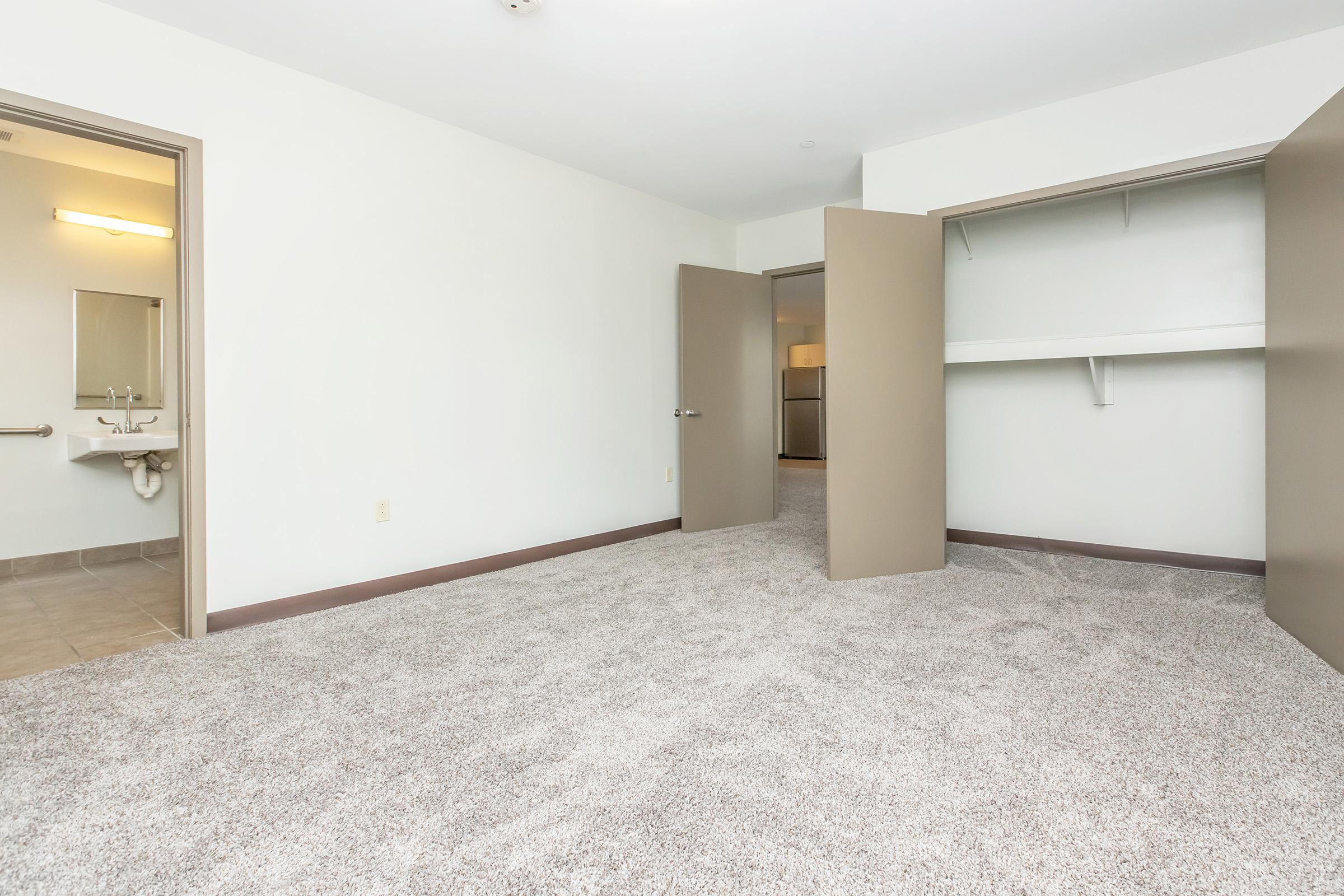 Empty room with light gray carpet, two open doors leading to a closet and bathroom area. The walls are painted a light color, and there is a small light fixture on the ceiling. The space is well-lit, creating a spacious feel with no furniture or decorations.