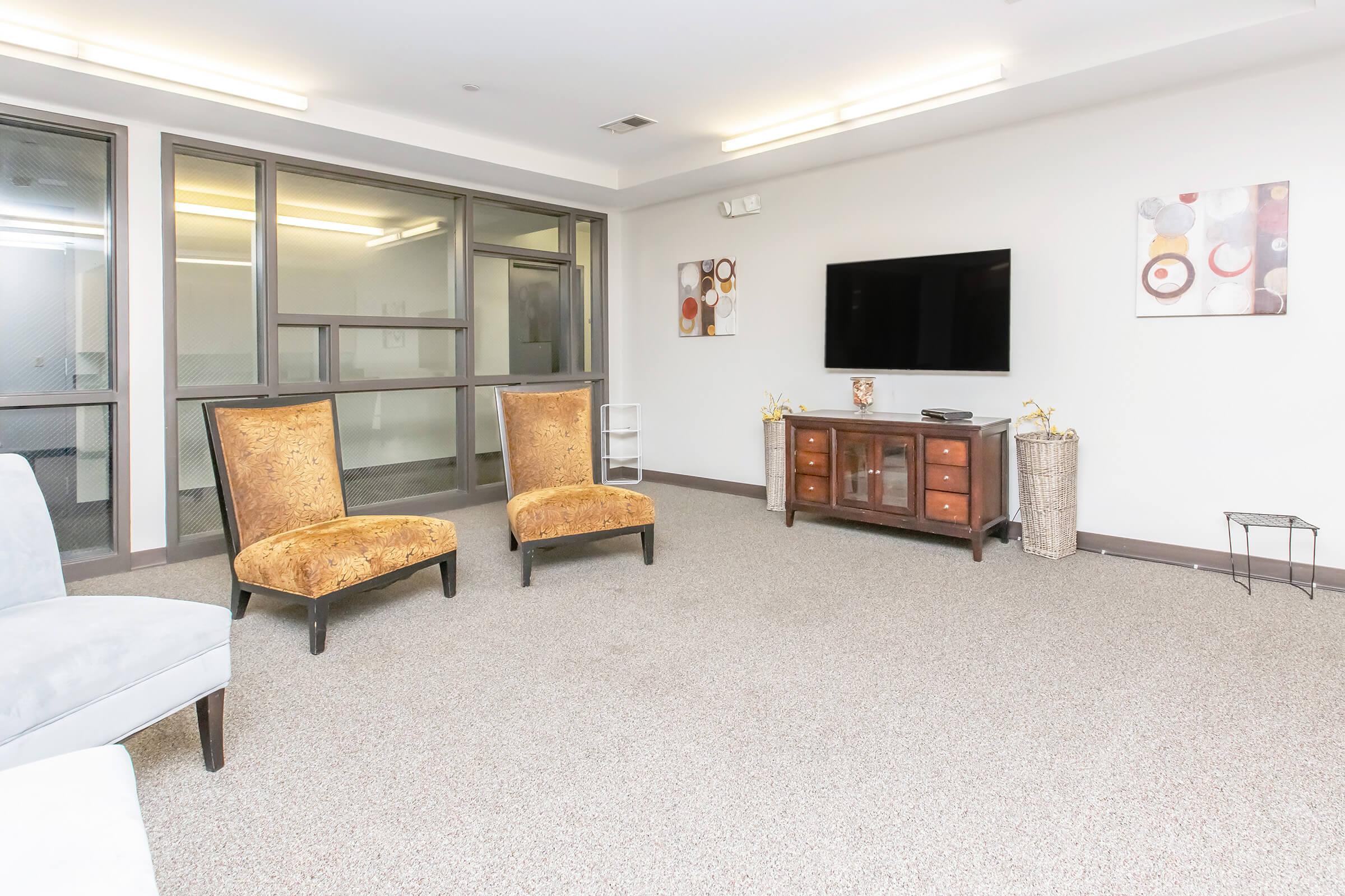 A modern living space featuring two vintage-style chairs with patterned fabric, a wooden TV cabinet, and a wall-mounted television. The room has neutral-colored walls, carpet flooring, and decorative wall art. Large windows allow natural light, creating a bright and inviting atmosphere.