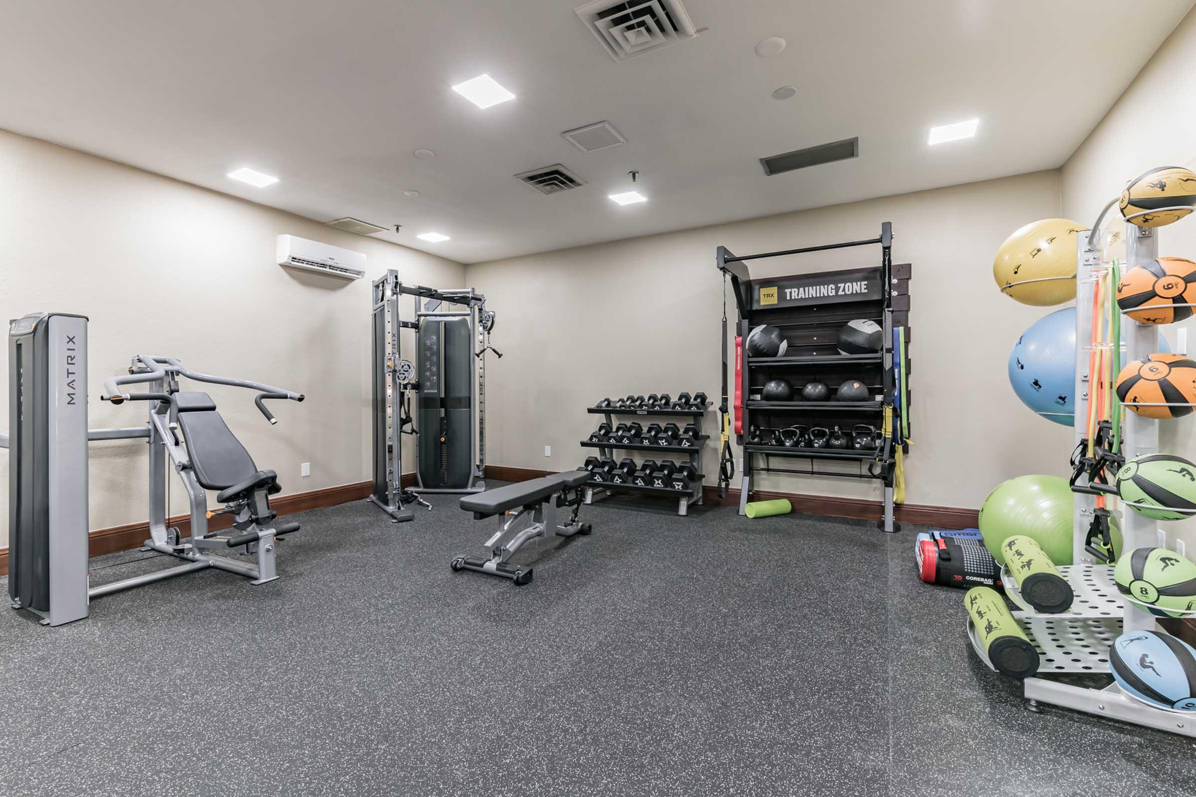 A well-equipped home gym featuring strength training machines, dumbbells, and fitness balls. The space includes a weight bench, resistance bands, and exercise mats, all arranged on a rubber flooring surface, contributing to a dedicated workout environment.