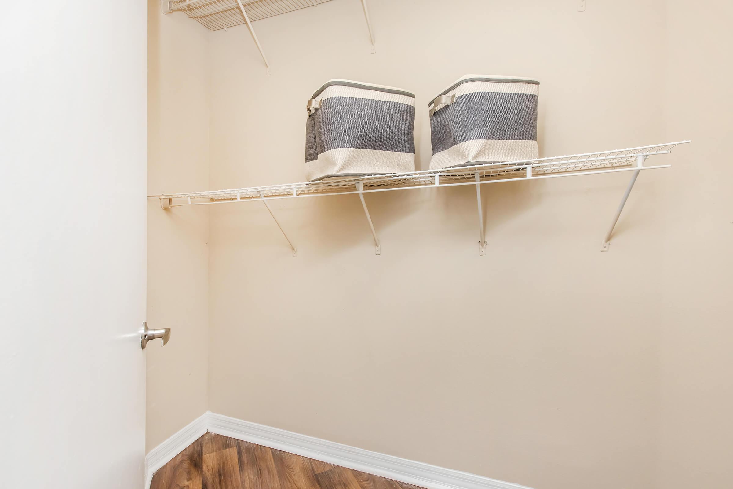 A well-organized closet featuring two fabric storage bins on a wire shelf. The walls are painted a neutral color and the floor has a wood-like finish, creating a clean and tidy space. The closet is empty aside from the bins, providing ample room for storage.
