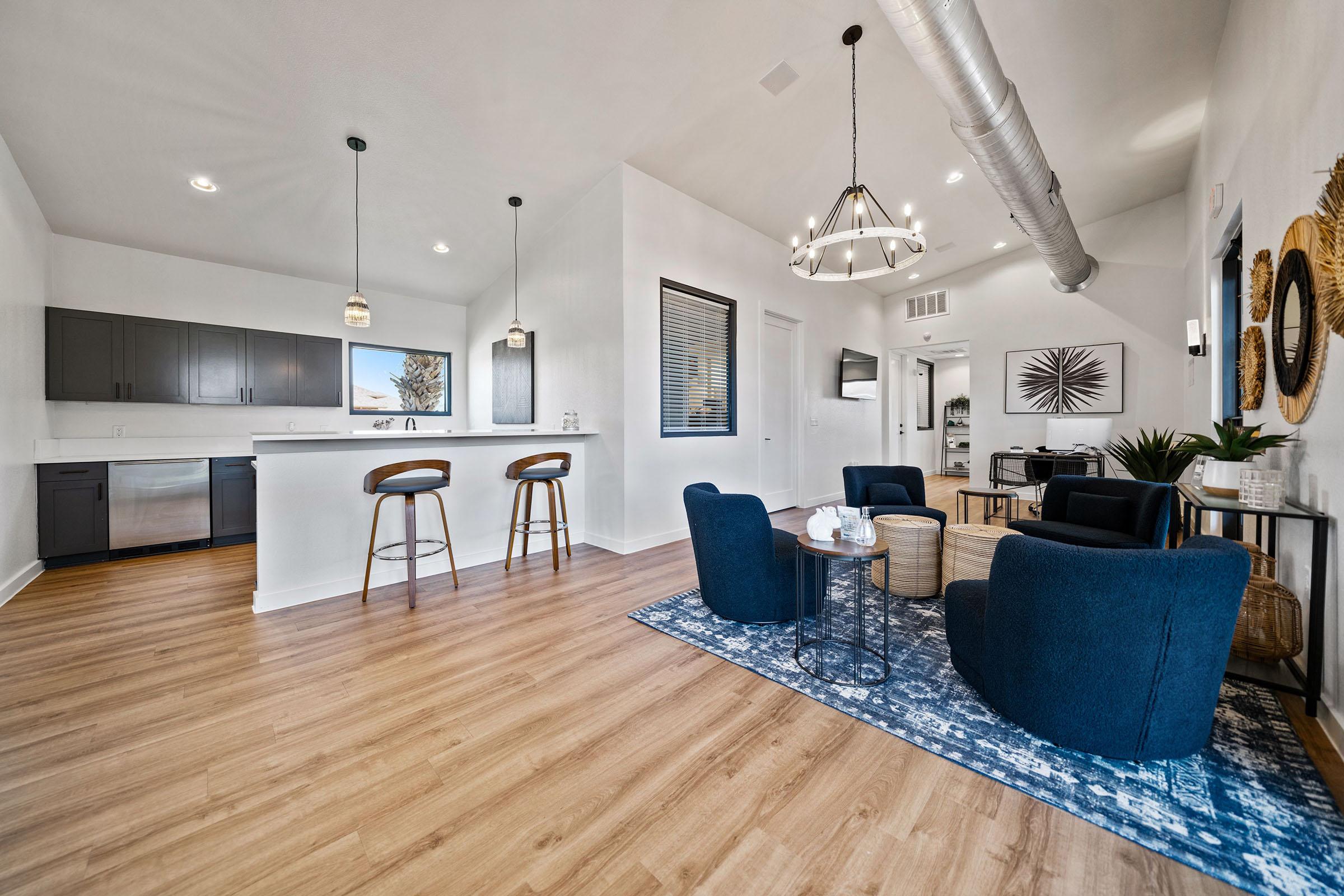 a view of a living room with a wood floor