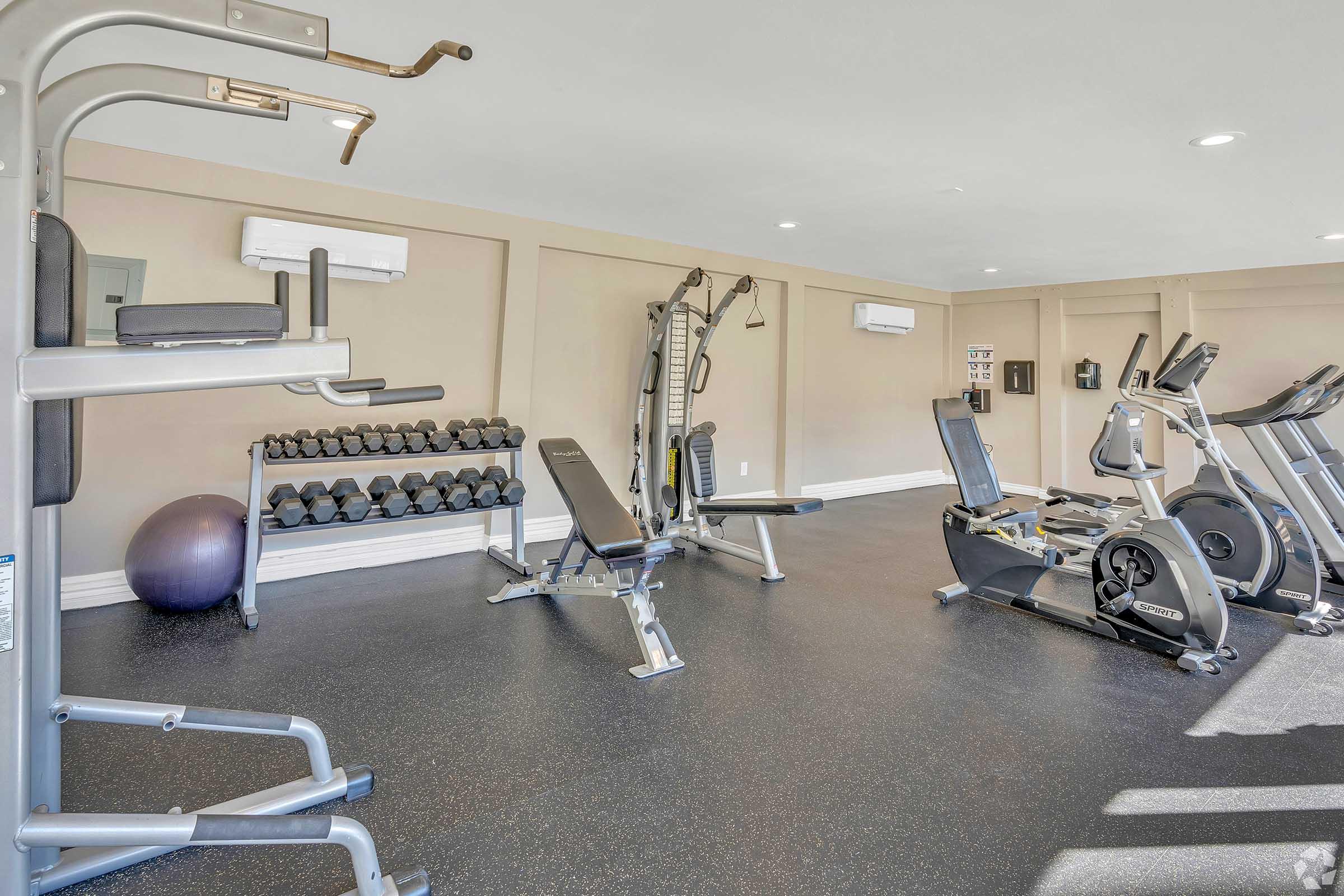 A well-equipped gym with various exercise machines, free weights on a rack, a stability ball, and an elliptical machine. The workout area features a sleek design, ample lighting, and a clean, modern aesthetic, providing a conducive environment for fitness activities.