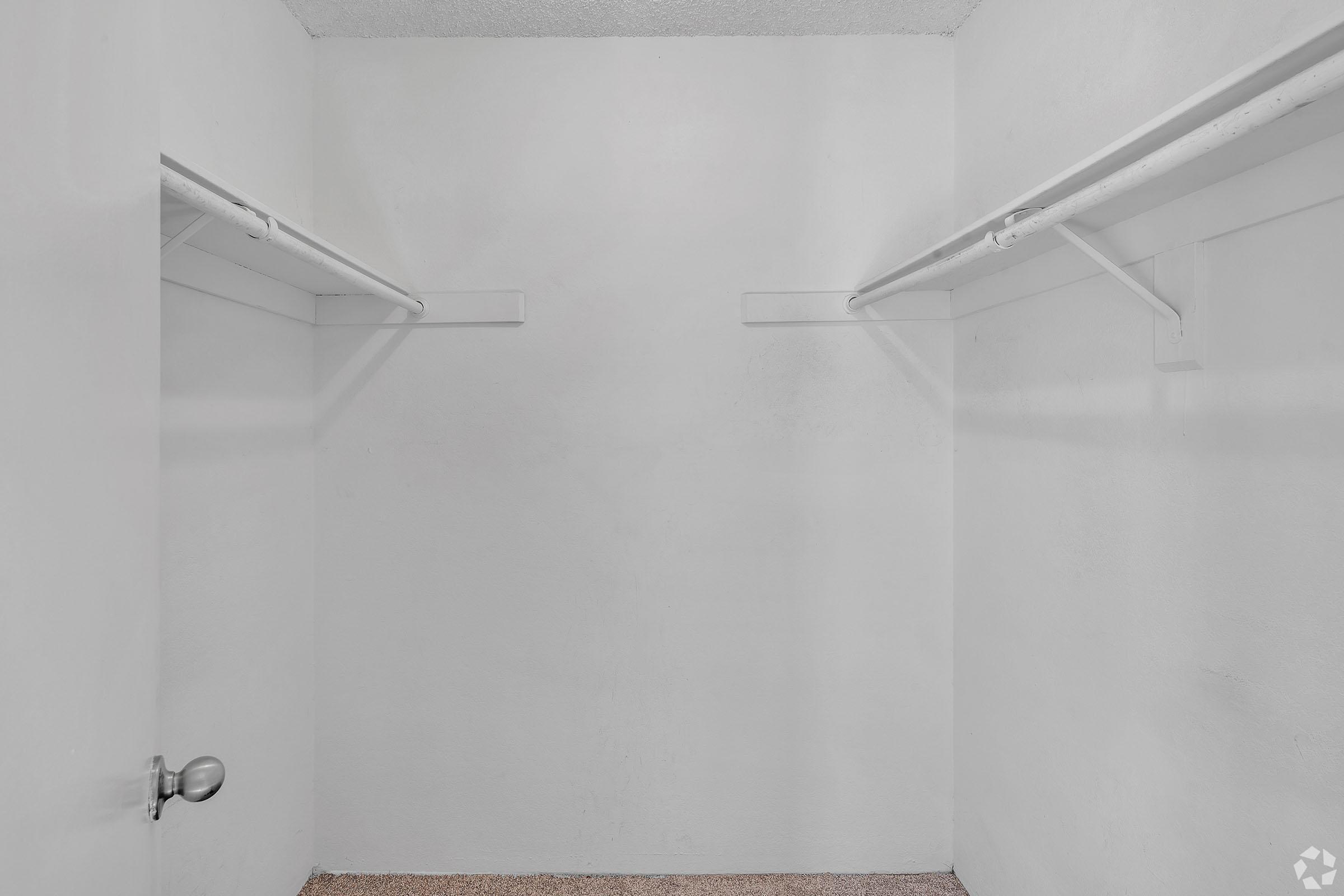 Empty closet with white walls and a tan carpeted floor. Two clothing rods are mounted on the side walls, and there is a door handle visible on the left side of the image. The overall space appears clean and minimalistic.