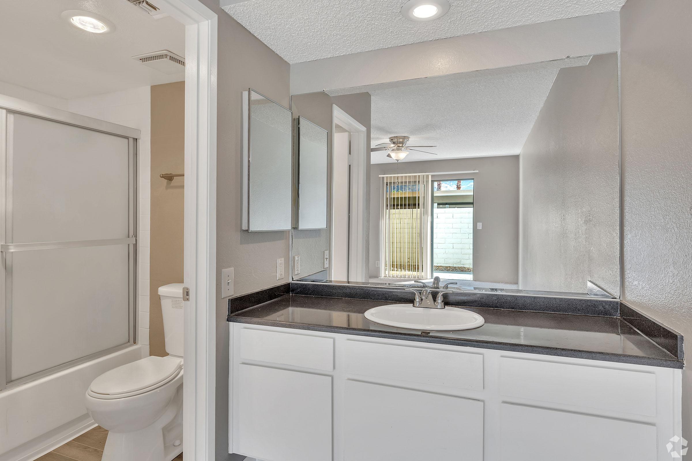 A modern bathroom featuring a large mirror above a dark countertop with a sink. On the left, there’s a shower stall with a glass door, and a white toilet is positioned nearby. The space has light gray walls and a ceiling fan, with a window providing natural light from outside.