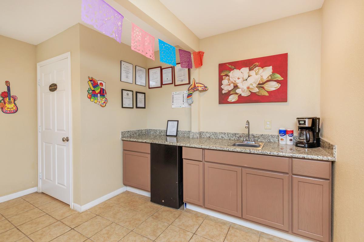 Leasing office with wooden cabinets