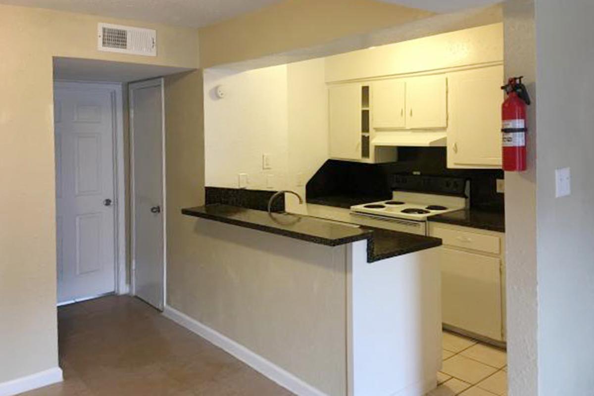 Kitchen with black countertops