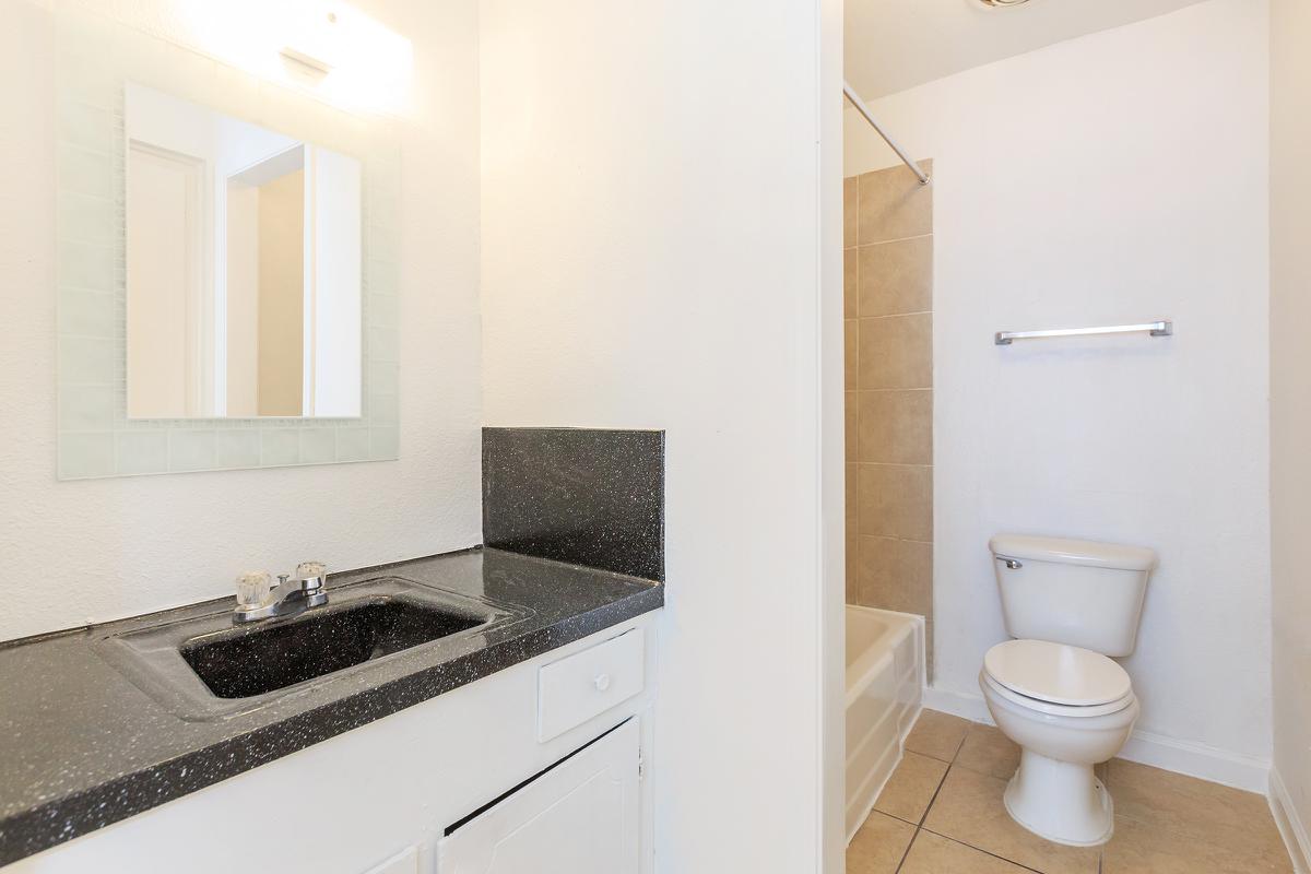 Bathroom with black countertops