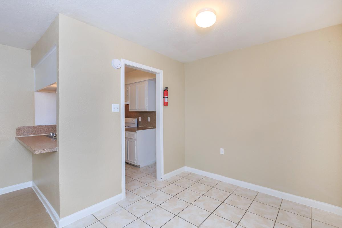 Kitchen and dining room with tile floors