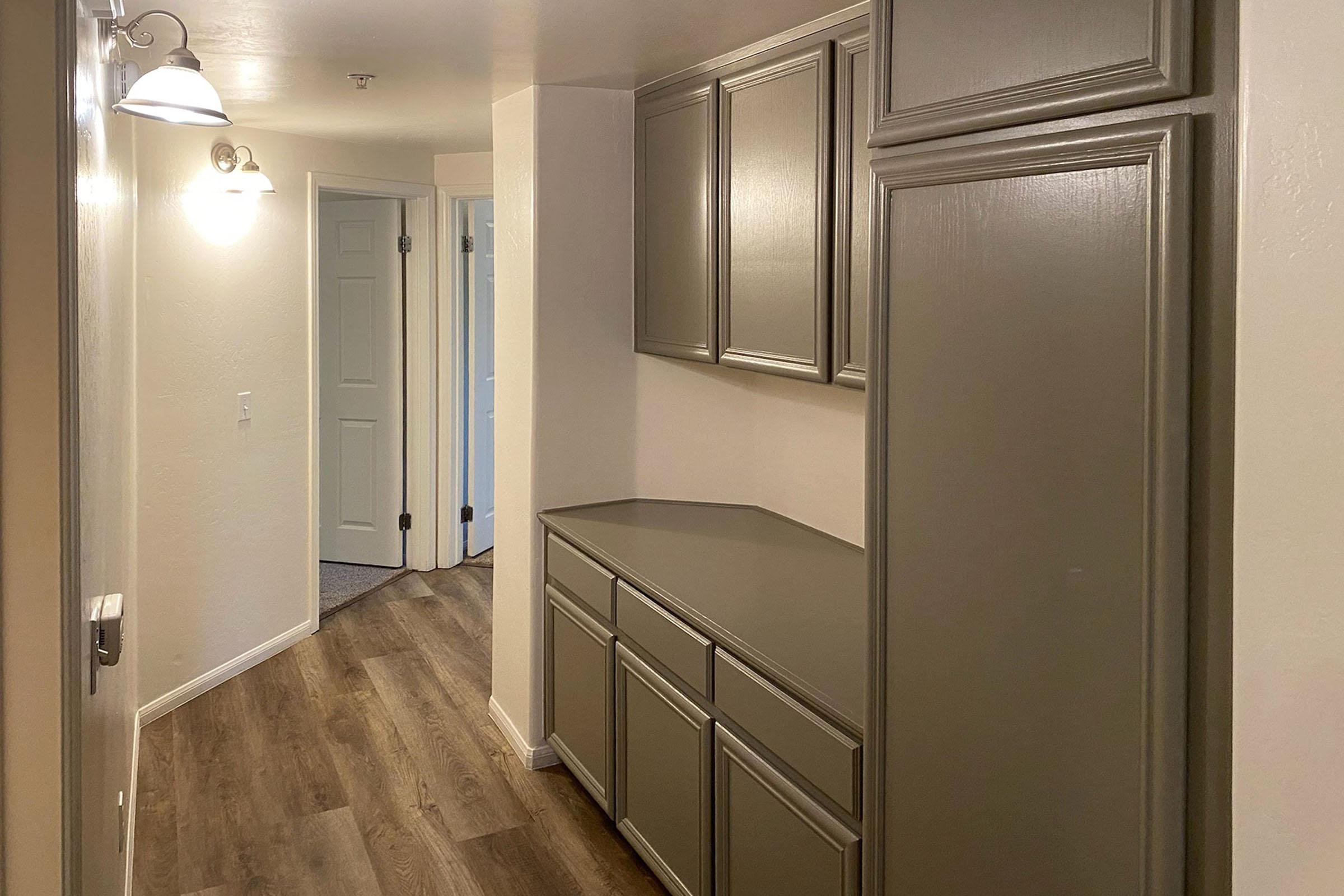 gray cabinets in a hallway