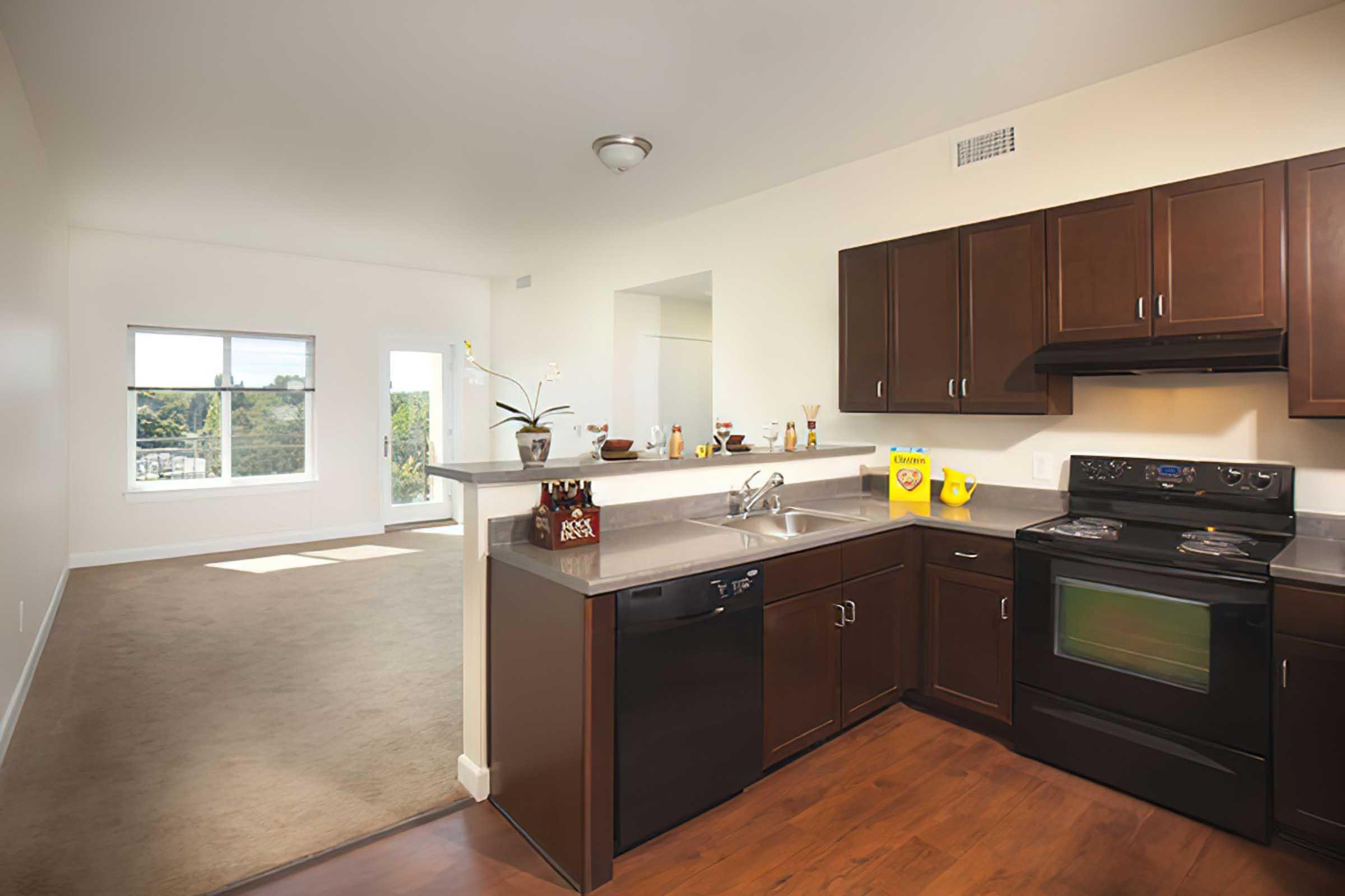 Modern kitchen in an apartment featuring dark wood cabinetry, black appliances, and a sleek countertop.