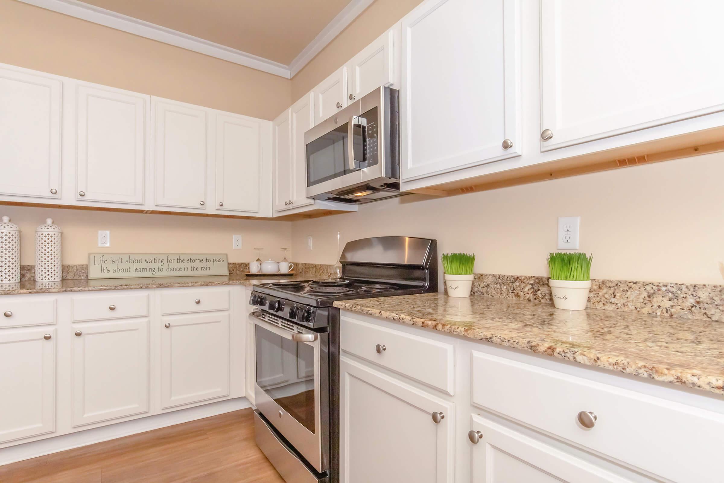 A modern kitchen with white cabinetry, a stainless steel microwave, and gas stove. The countertop is made of granite with a light brown hue. Decorative elements include small pots of green grass and a wall sign that reads about learning and taking chances. The overall ambiance is bright and inviting.