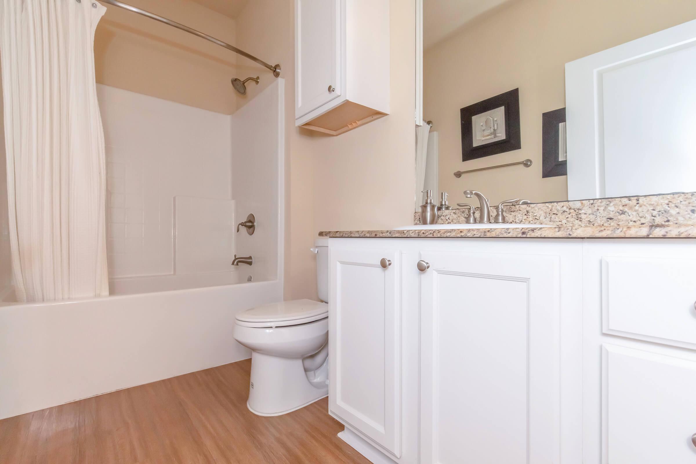 A clean, modern bathroom featuring a shower and bathtub combination, a white vanity with a granite countertop, a mirror, and a toilet. The walls are a soft beige color, and there are decorative elements like framed pictures on the wall. The floor has a wood-like finish.