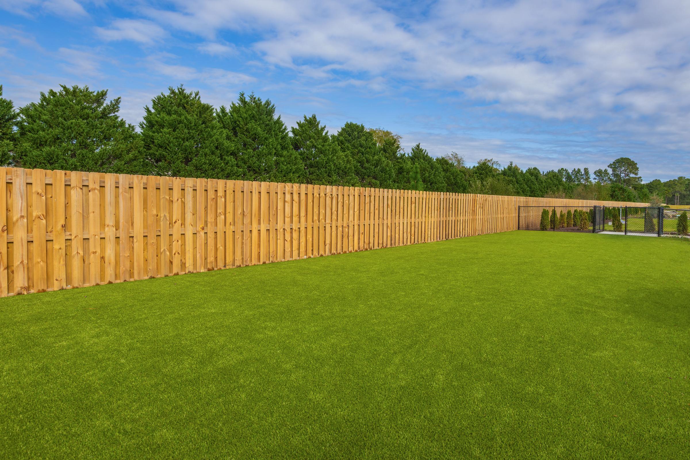 a close up of a green field in front of a fence