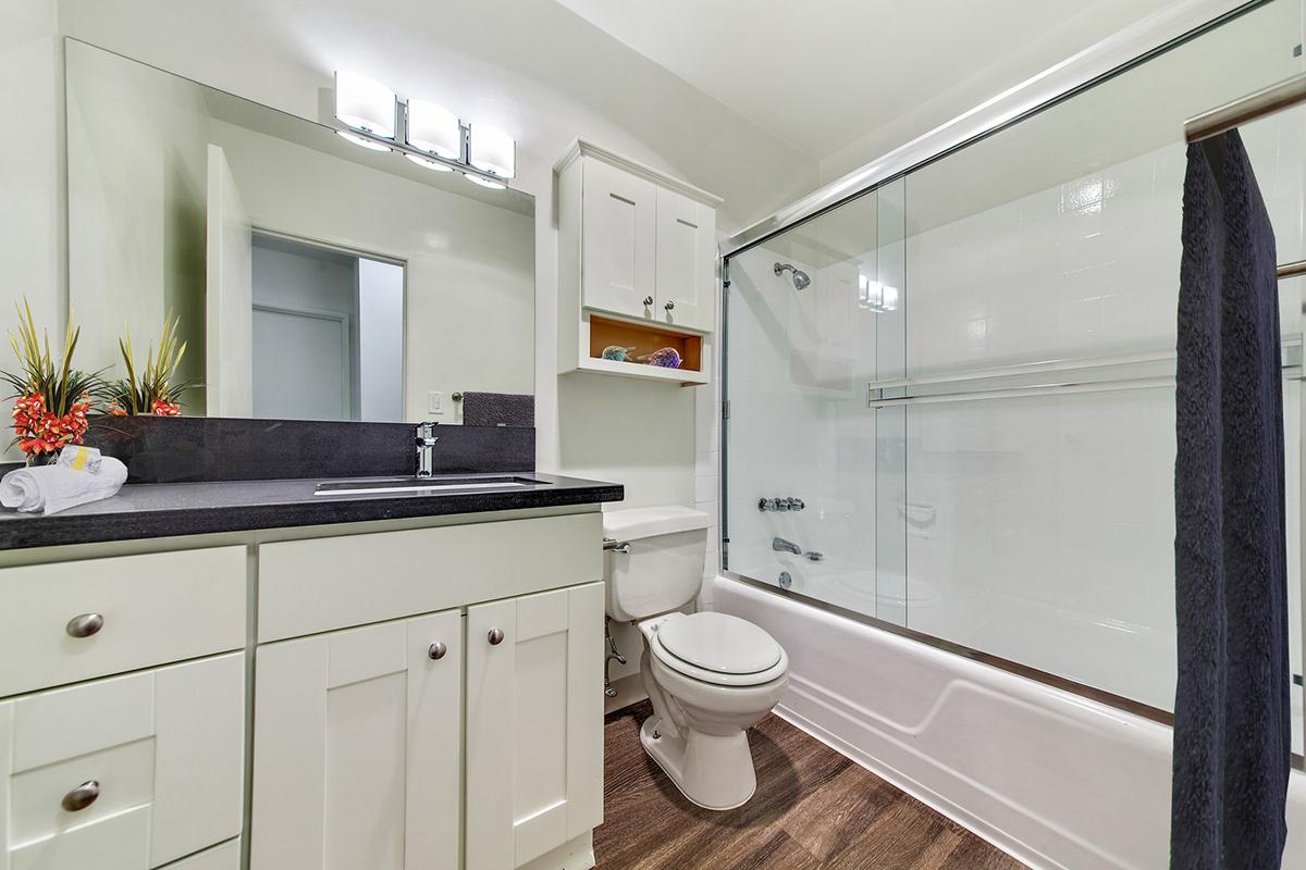 A modern bathroom featuring a glass shower, white bathtub, and toilet. The vanity has dark counter space with a minimalist design, illuminated by three wall-mounted lights. Decorative plants are placed on the counter, and the flooring is a wood-like laminate. The overall look is clean and contemporary.