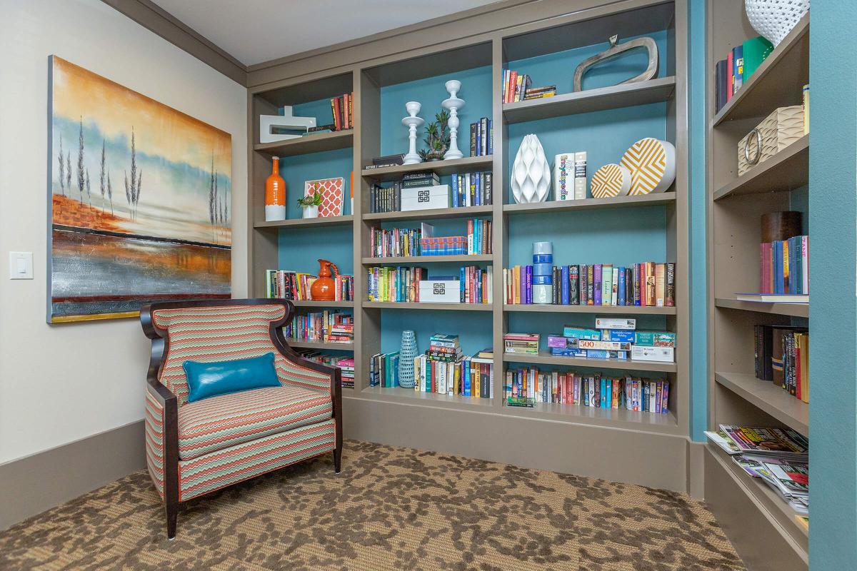 a room with a book shelf