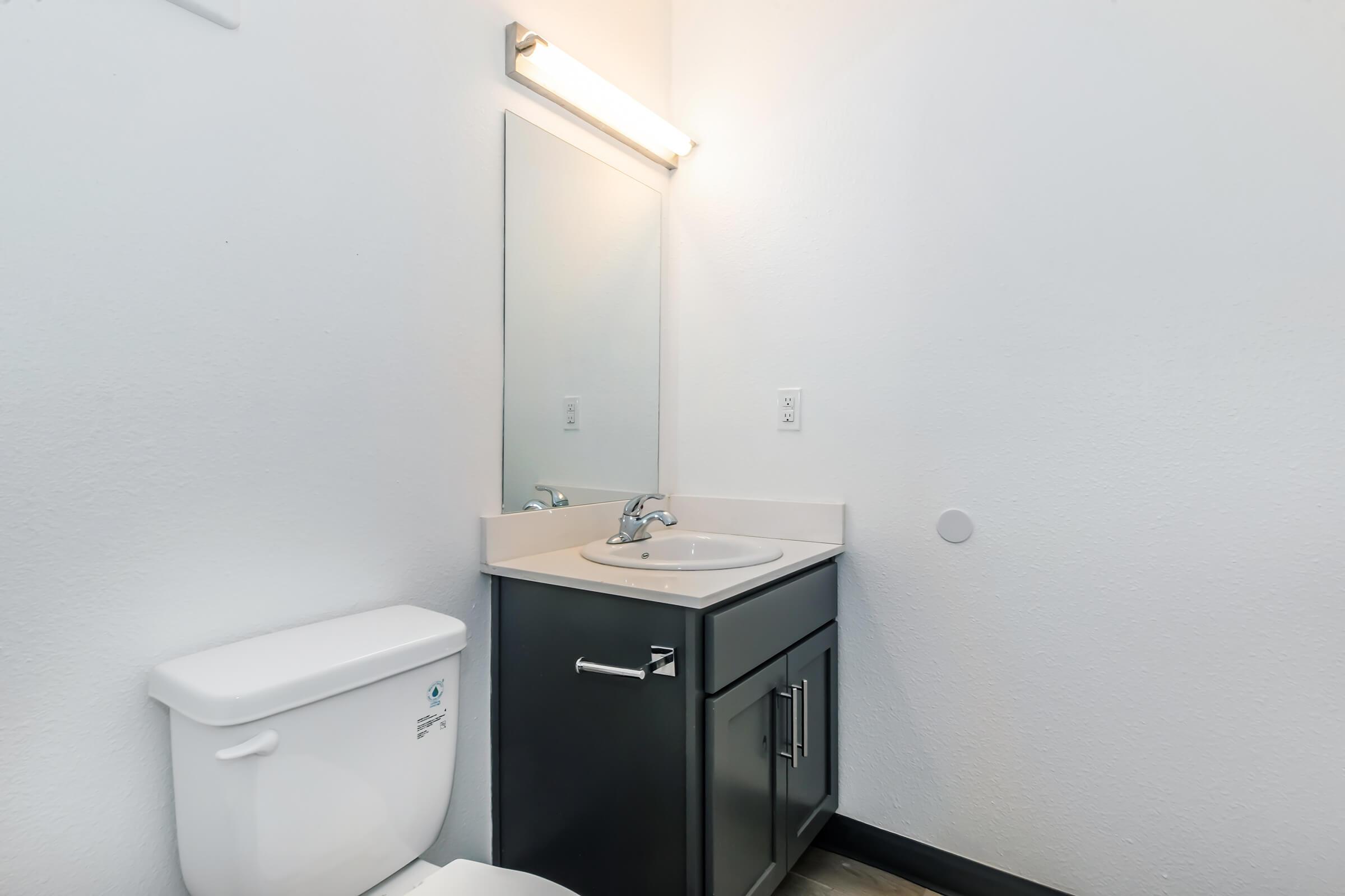 A clean bathroom interior featuring a white toilet, a modern sink with a sleek faucet, a large mirror above the sink, and a light fixture on the wall. The walls are painted plain white, and there are minimal decorations, giving it a simple and contemporary look.