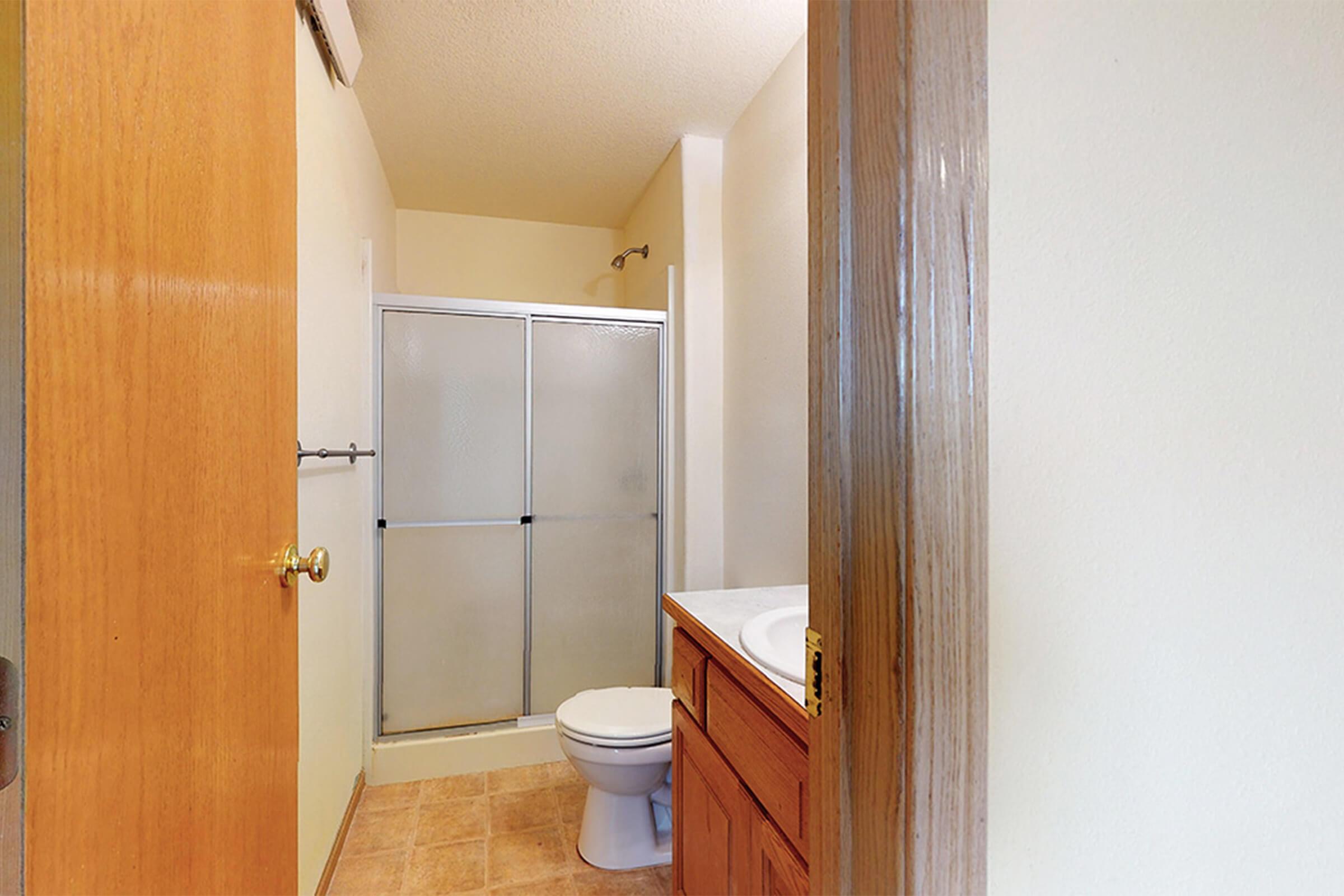 A clean and simple bathroom featuring a toilet, a shower stall with a glass door, and a wooden vanity with a sink. The walls are painted a light color and the floor is tiled. A wooden door is partially visible, leading into the bathroom space.
