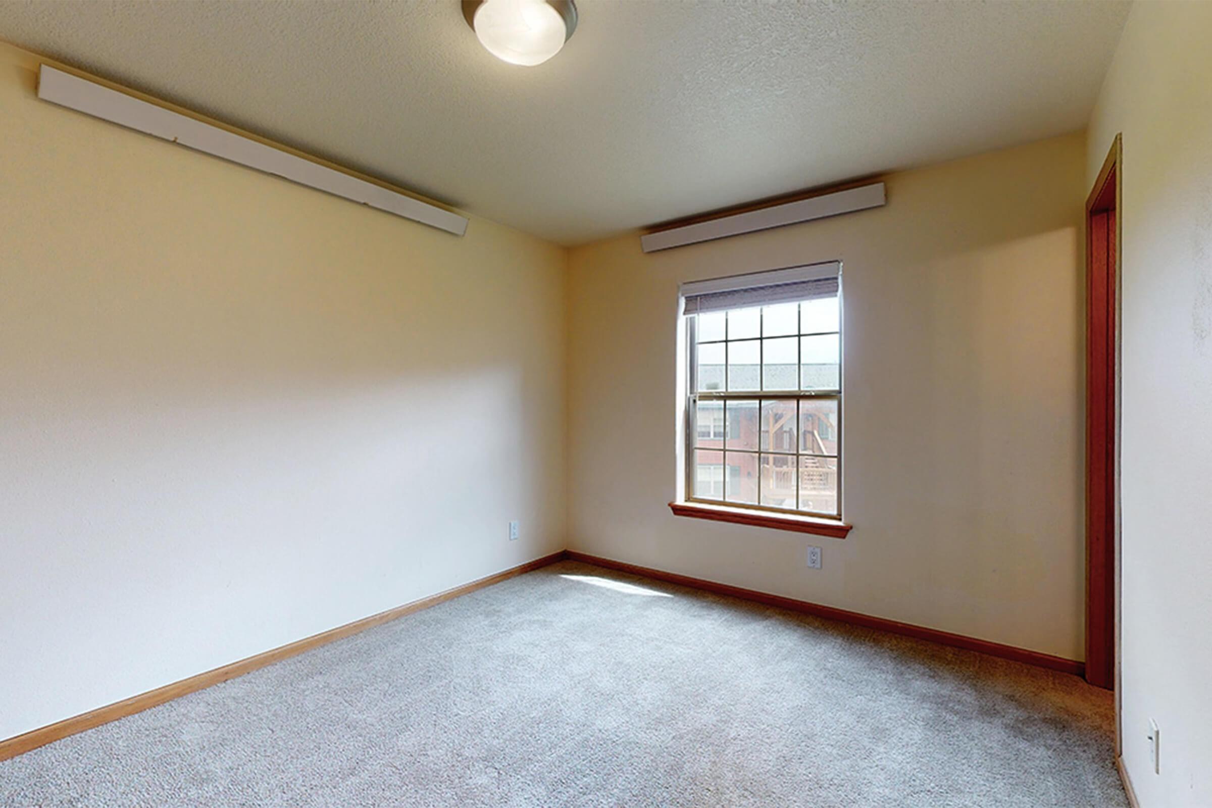 A spacious, empty room with beige walls and a window letting in natural light. The floor is covered with plush gray carpet. A ceiling light fixture is visible, and a door on the right leads to another area. The overall atmosphere is bright and inviting, suitable for various purposes.
