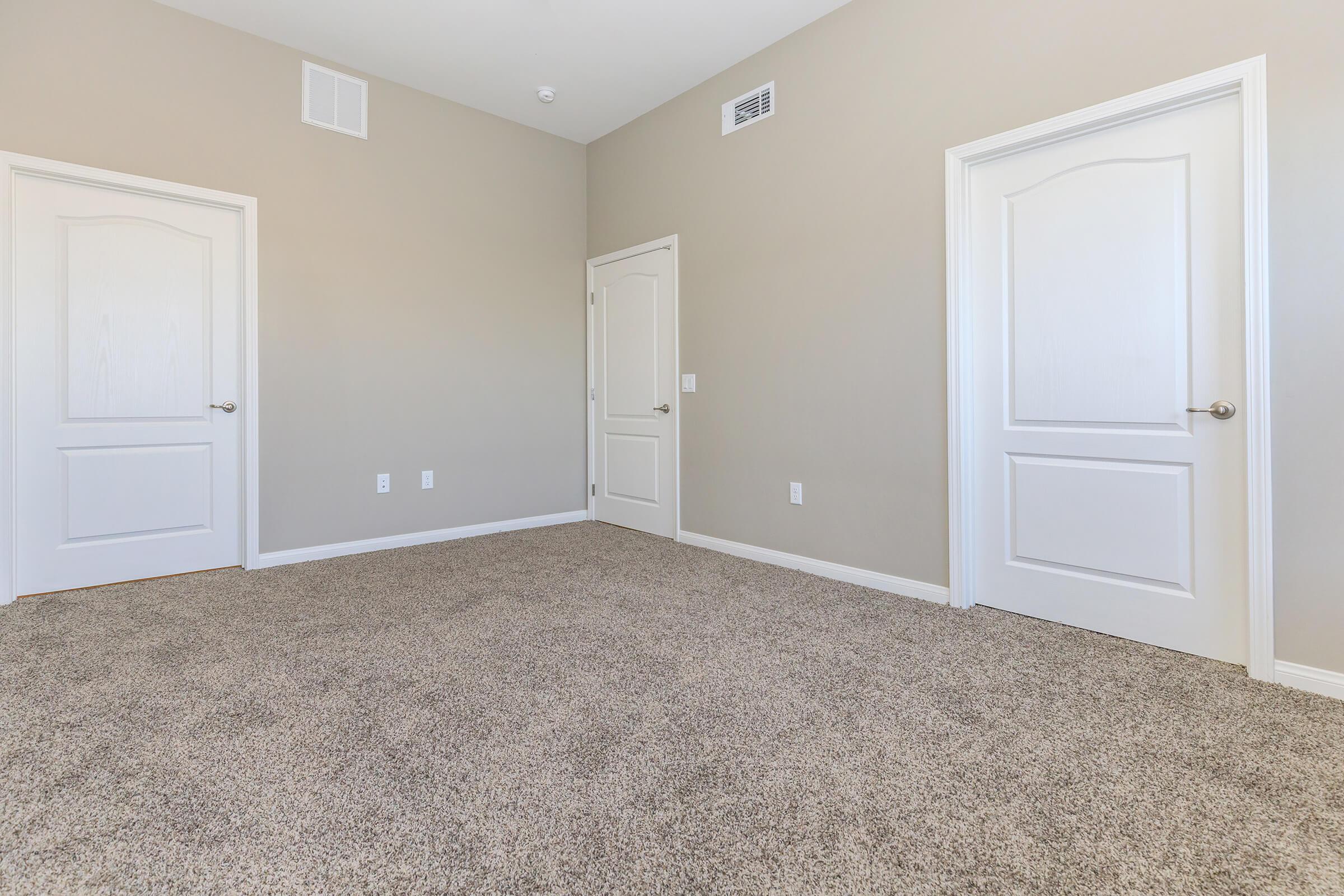 Bedroom with closed bathroom and closet doors