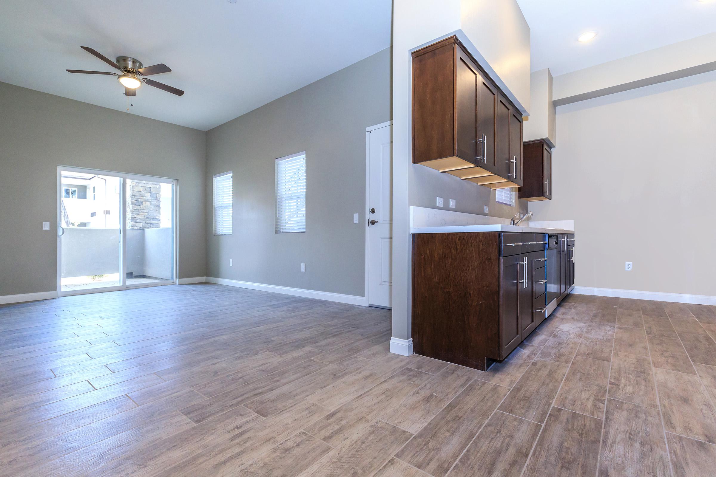 Kitchen and living room with wooden floors