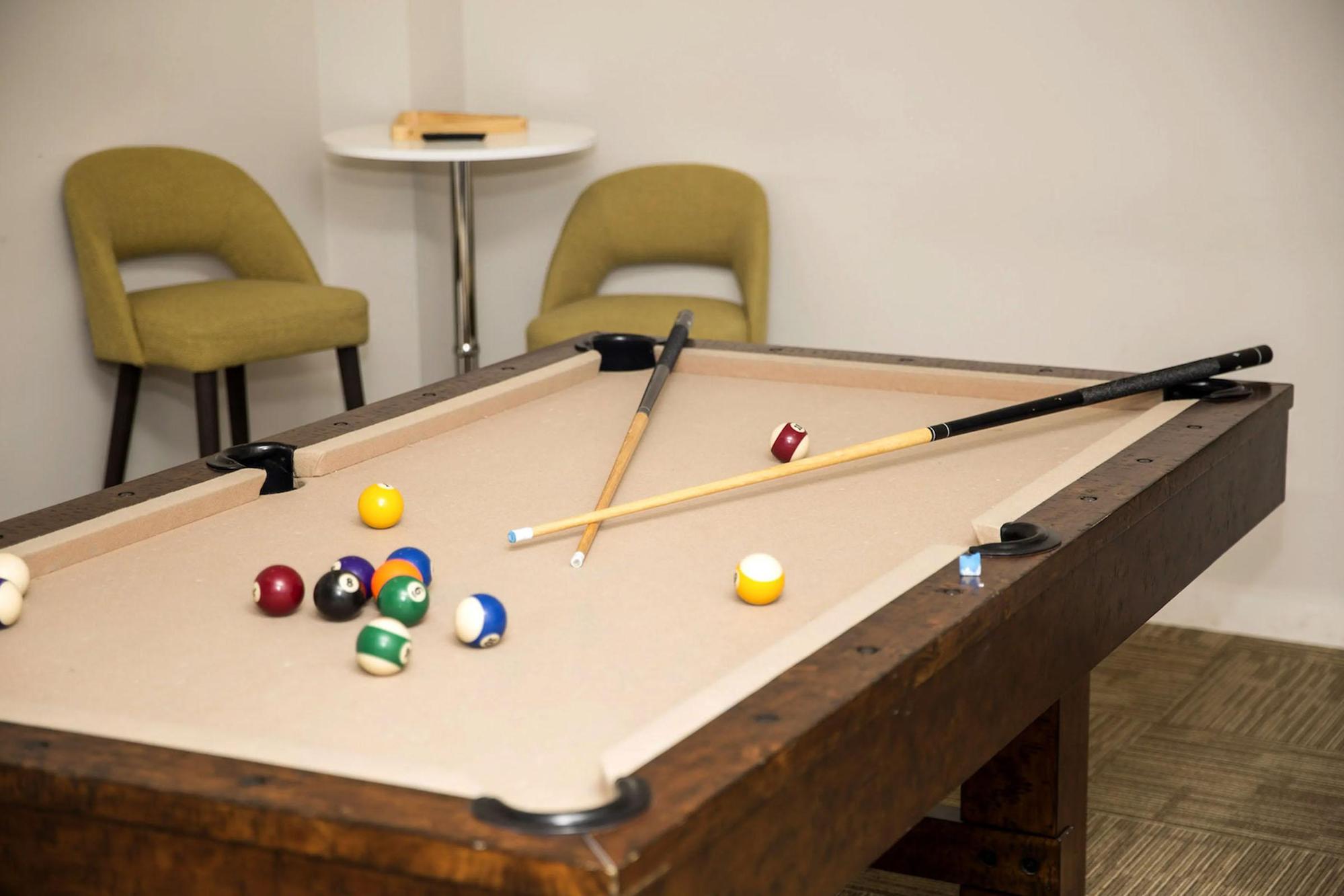 a table with a ball in a room