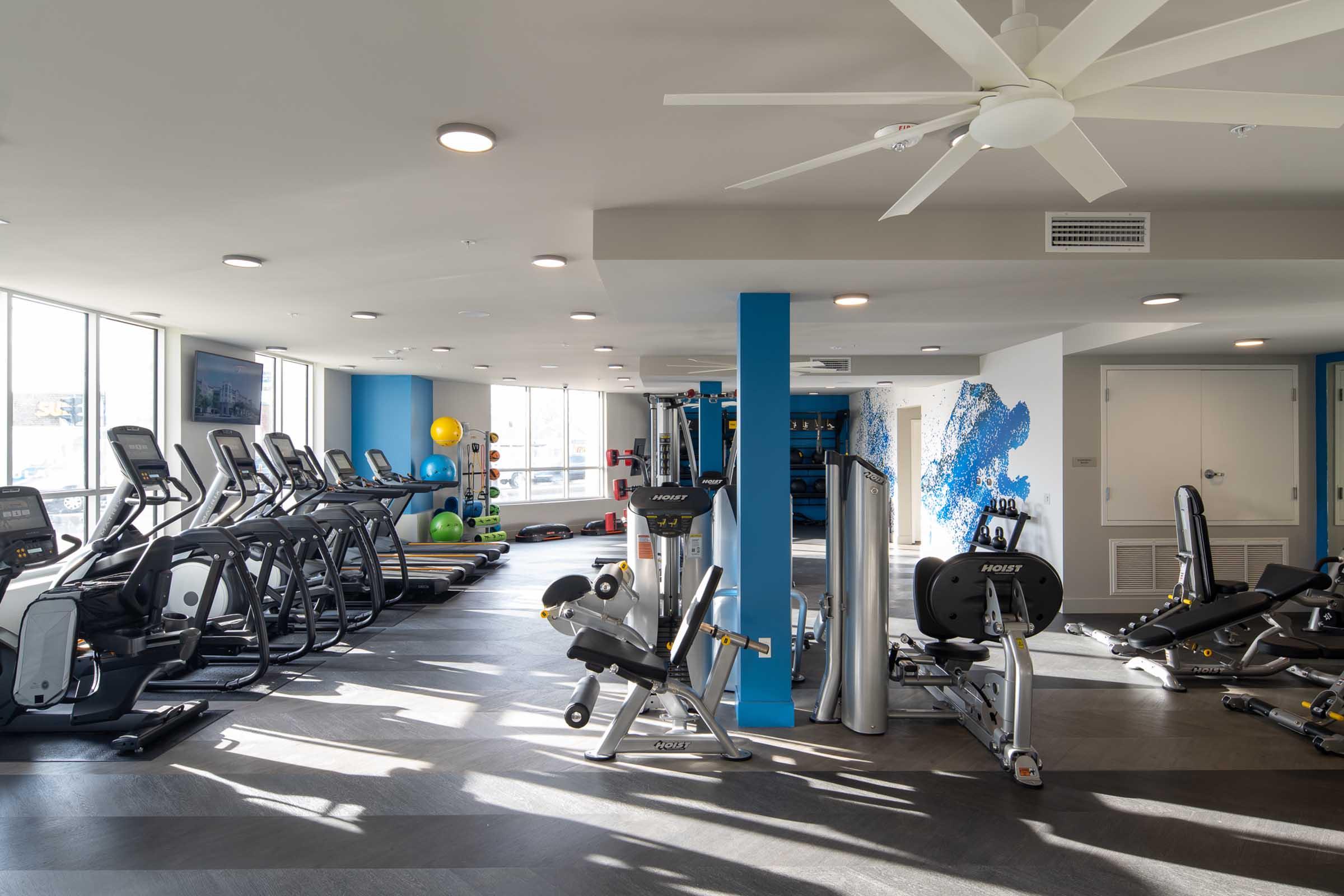 A modern gym with various fitness equipment, including treadmills, elliptical machines, and weight benches. Large windows allow natural light to fill the space, and colorful exercise balls are visible. The room features a ceiling fan and a vibrant blue accent wall.