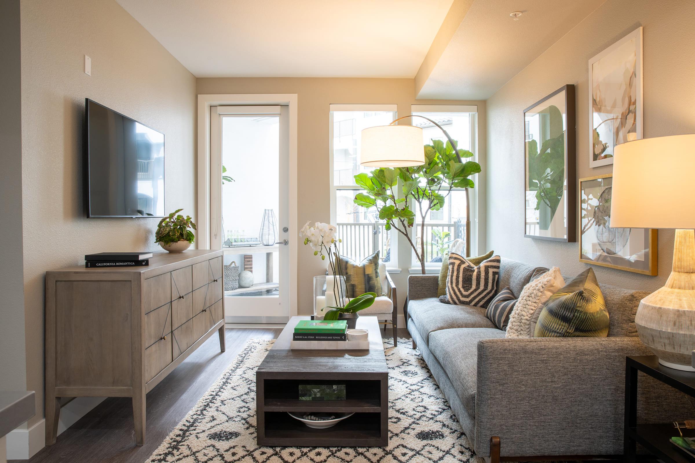 A cozy living room featuring a gray sofa adorned with patterned cushions, a wooden coffee table with decorative items, a modern TV on a sideboard, and large windows letting in natural light. Green plants and stylish decor create a warm and inviting atmosphere.