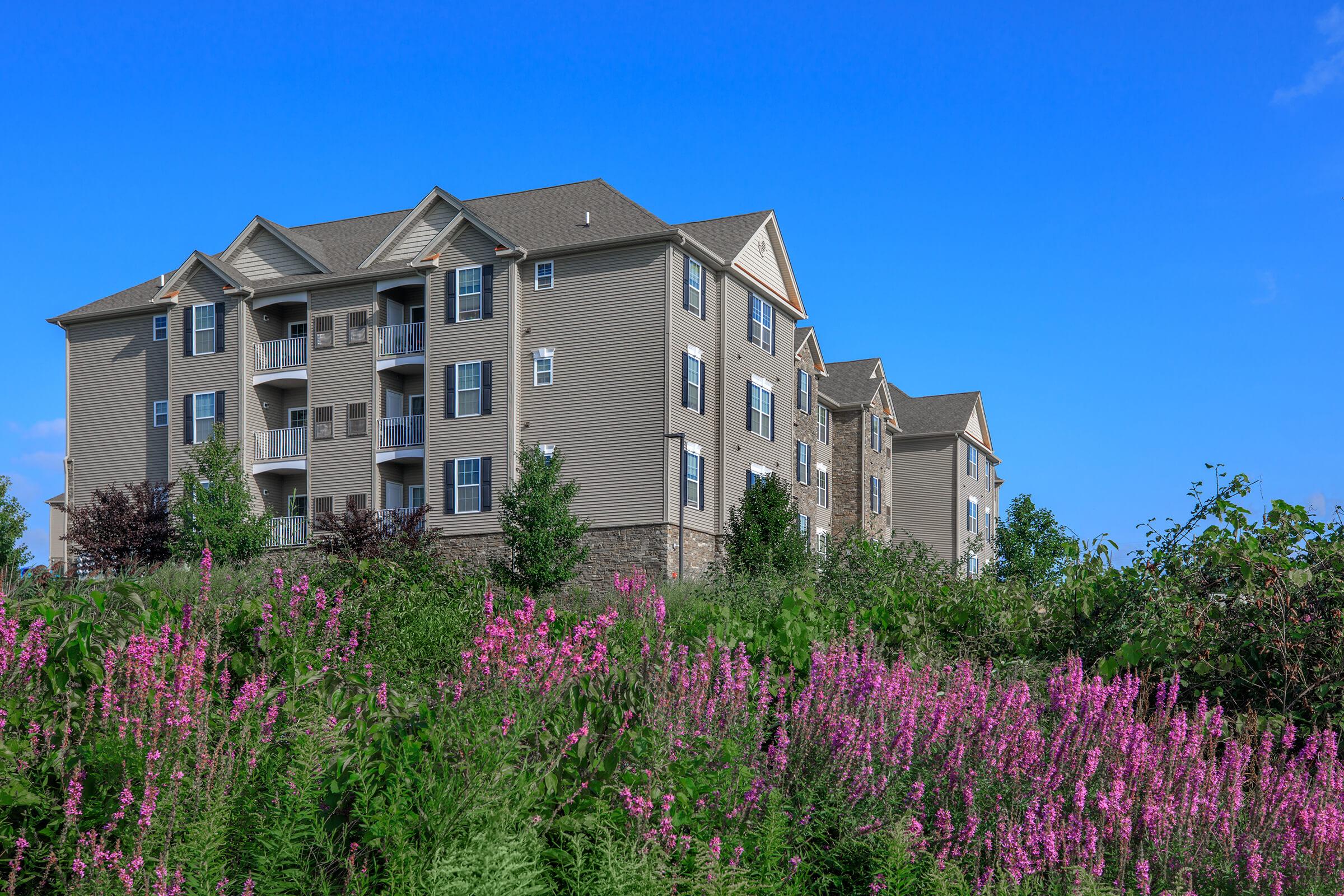 A multi-story residential building with balconies, set against a bright blue sky. In the foreground, vibrant pink flowers and greenery add a natural element to the scenery, creating a pleasant contrast with the structured architecture.