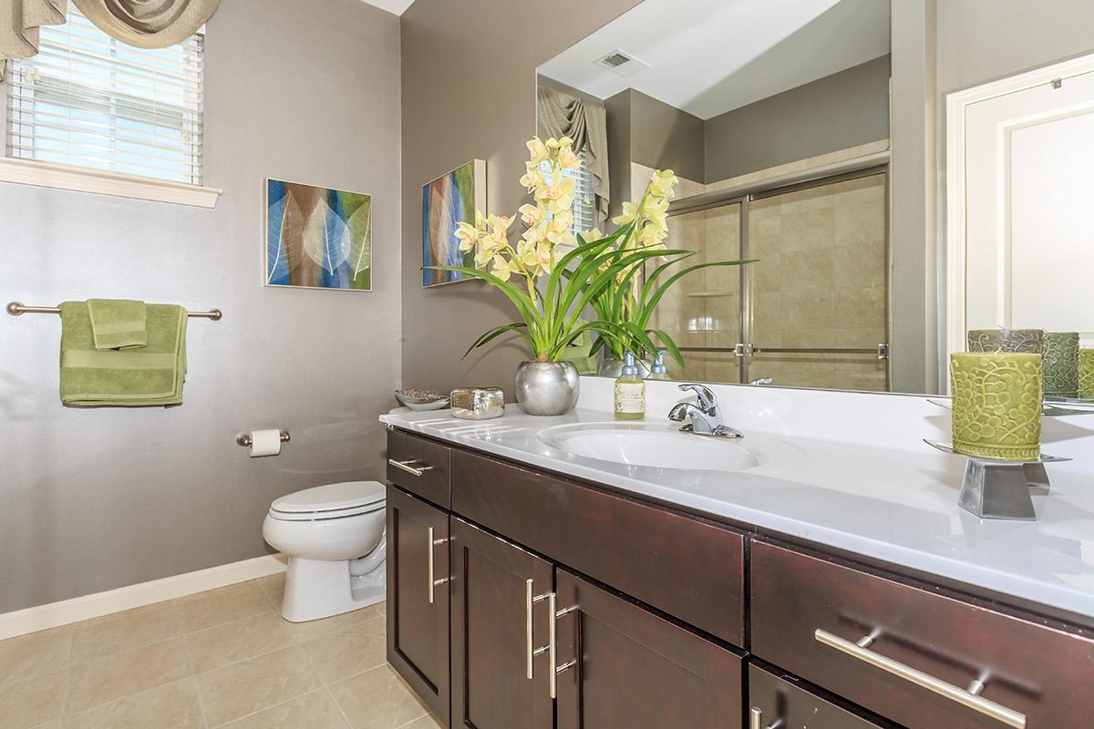 a kitchen with a sink and a mirror