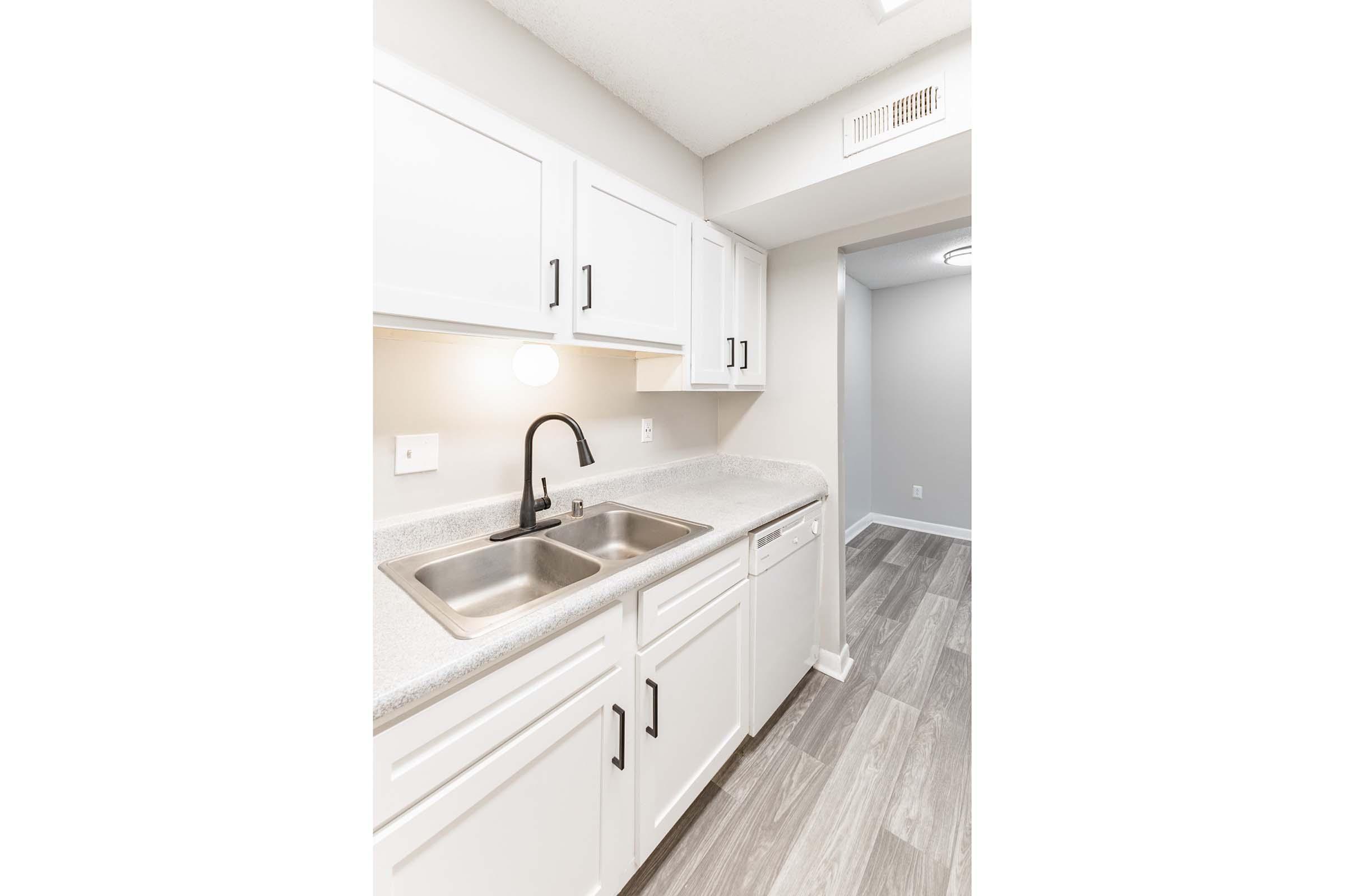 a kitchen with a sink and a mirror