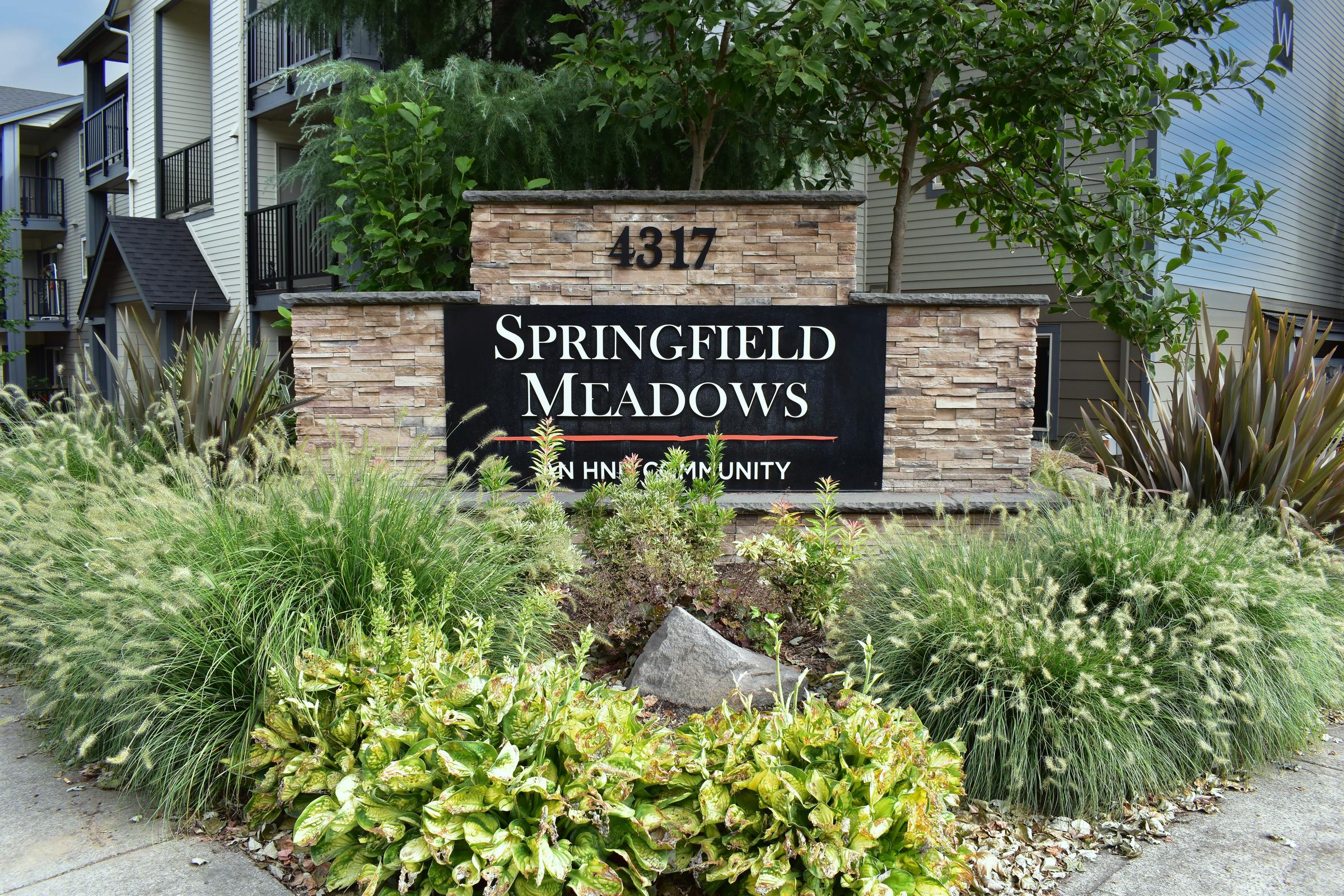 A landscaped sign for Springfield Meadows, featuring the address 4317. The sign is made of stone and includes decorative greenery and plants surrounding it, indicating a welcoming atmosphere for a residential community.