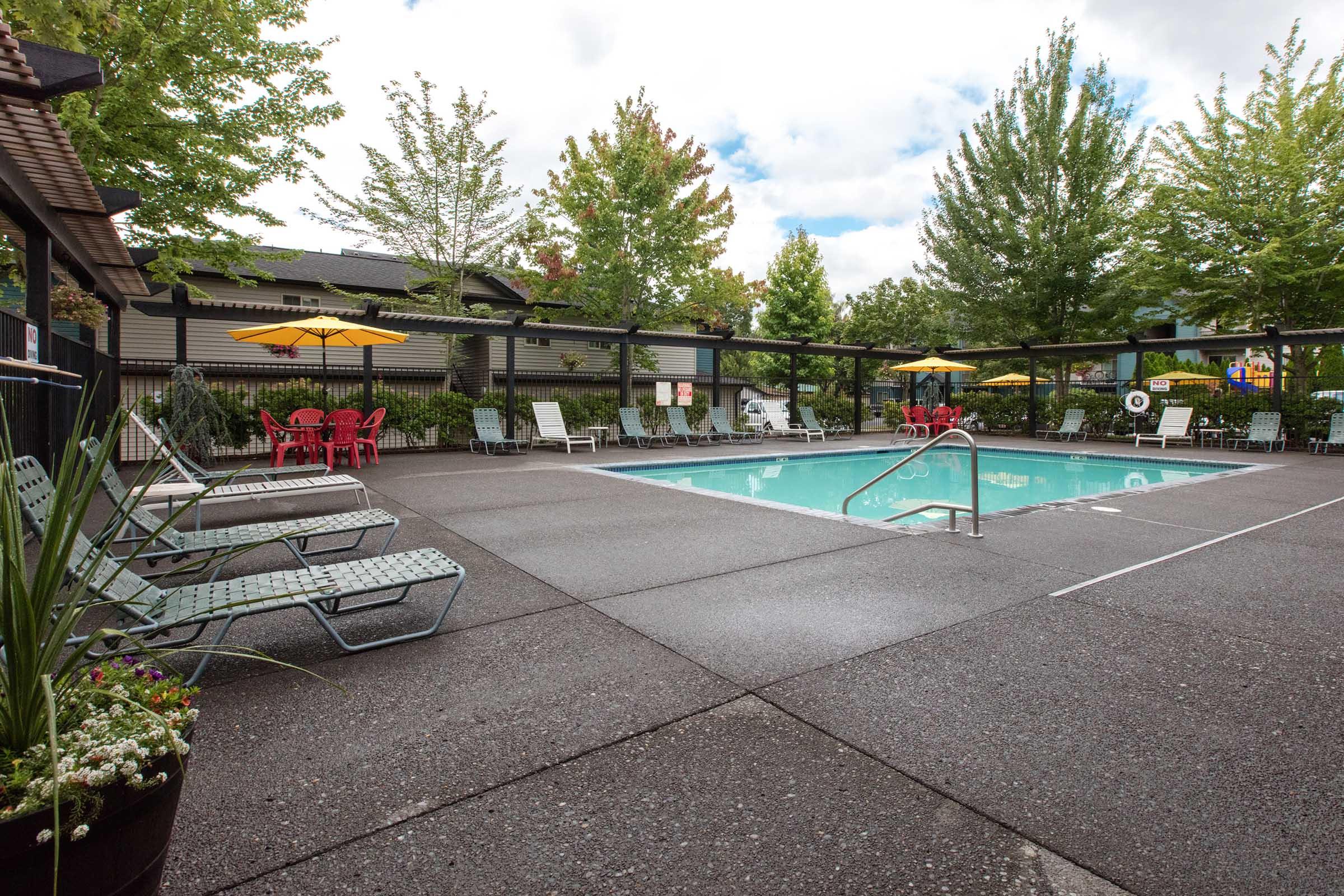 A serene outdoor swimming pool surrounded by lounge chairs and tables under yellow umbrellas. Lush green trees create a relaxing atmosphere. The pool area is well-maintained with a concrete surface and a clear blue pool reflecting the sky, inviting for leisure activities and relaxation.