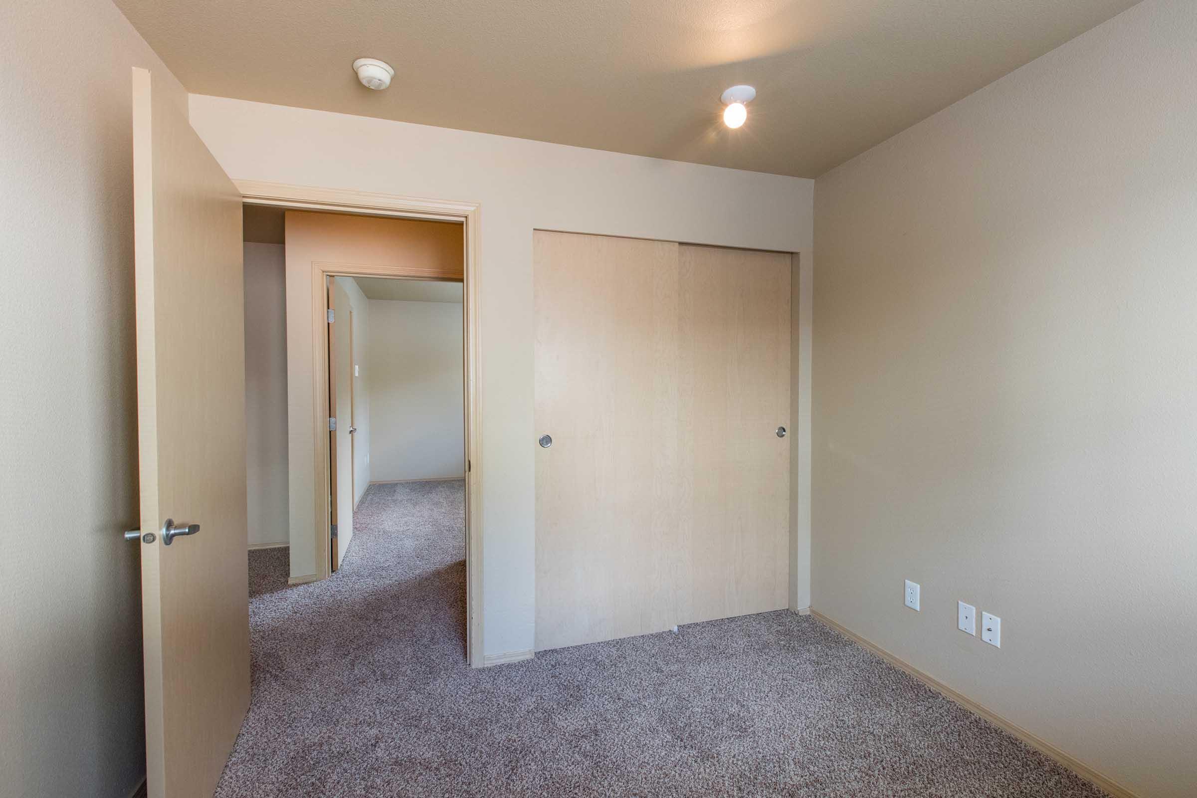 A spacious, light-colored room with beige walls and a carpeted floor. There are two doorways leading to other rooms, one with a closed wooden closet door and the other open. A ceiling light fixture provides illumination. The overall ambiance is neutral and inviting.