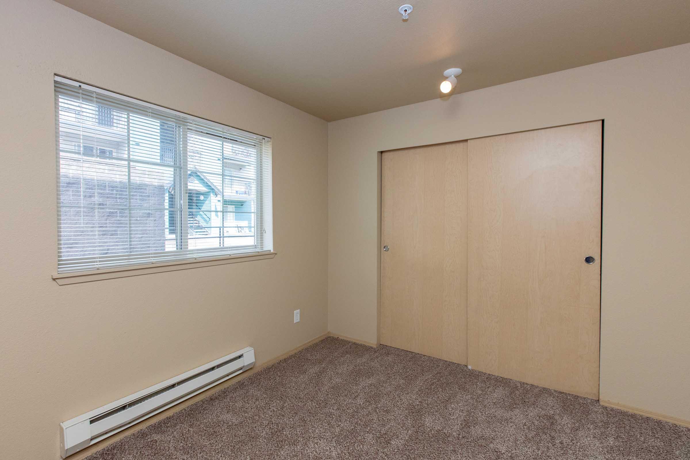 A spacious room featuring beige walls, brown carpet, and a window with blinds that lets in natural light. There's a closet with sliding doors on one side and a heating unit along the wall below the window. The overall ambiance is neutral and inviting.