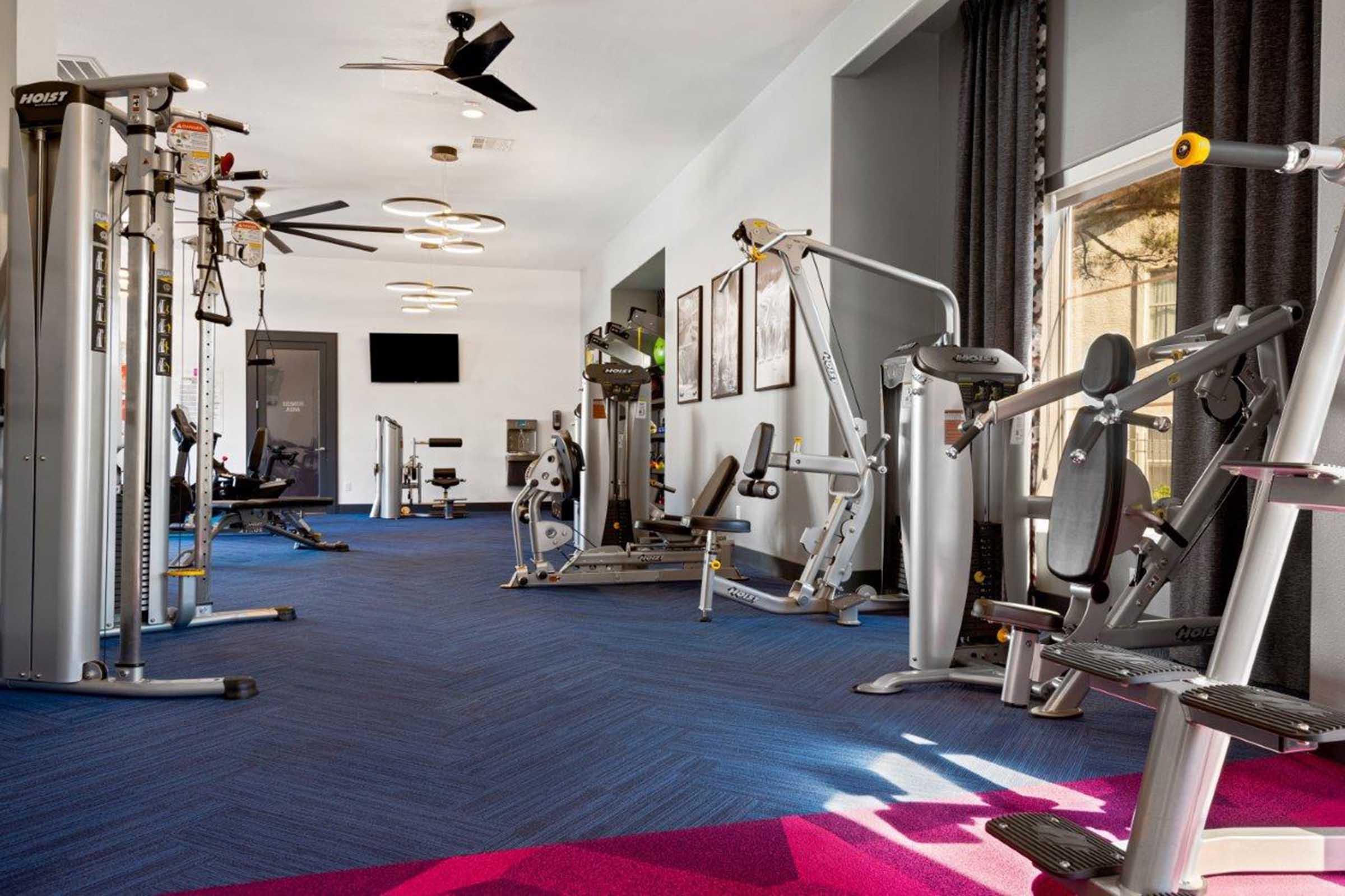 A modern gym interior featuring various exercise equipment, including weight machines and cardio machines. The space has large windows allowing natural light, with a stylish blue carpet and decorative lighting fixtures. Wall art and a television are visible, creating a welcoming fitness environment.