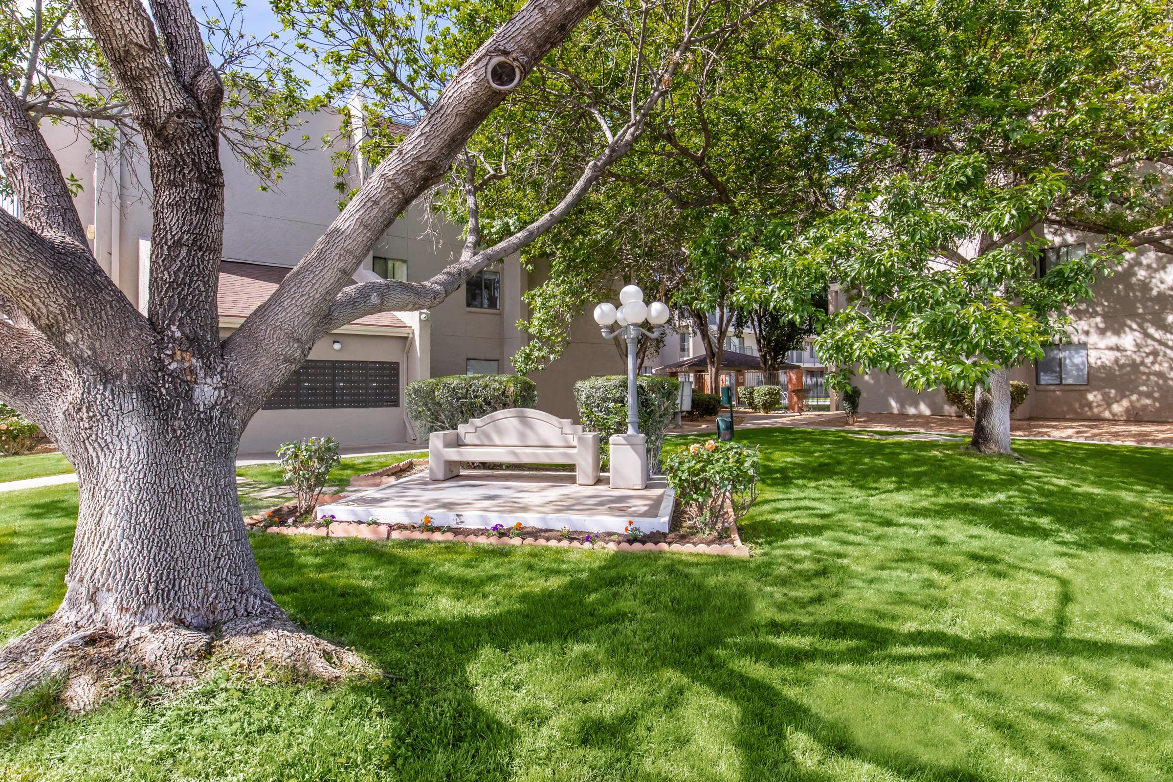 A landscaped green area featuring a large tree, a neatly maintained lawn, and a bench with decorative planters. Soft, natural light filters through the leaves, creating a peaceful outdoor space. Nearby, a pathway leads towards residential buildings in the background.