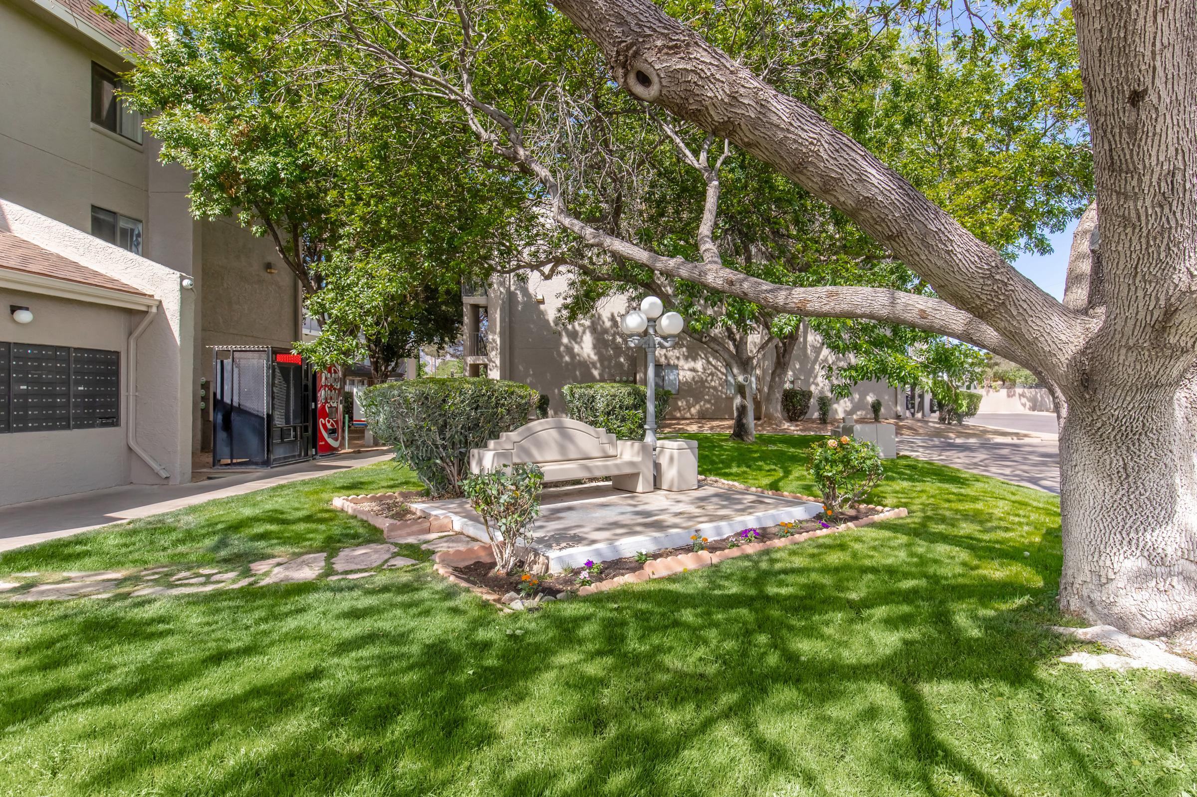 A well-maintained grassy area featuring a large tree and decorative shrubs. In the center, there is a stone bench and a light fixture, surrounded by a paved walkway. The background includes apartment buildings with a glimpse of a recreational area.