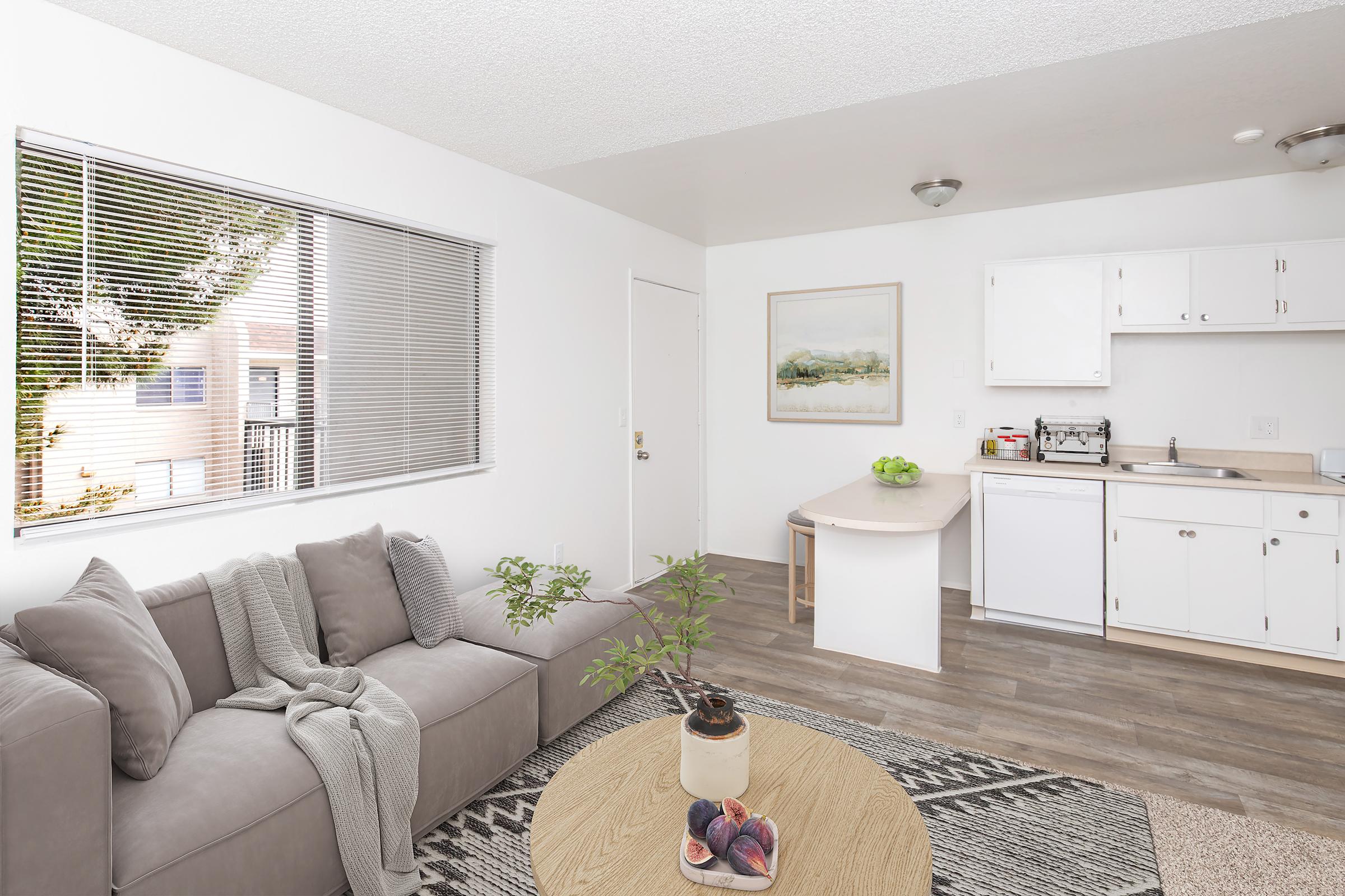 Bright and modern living space featuring a gray sofa, round coffee table with decorative items, and a small kitchenette. Large windows allow natural light, showcasing light-colored walls and wooden flooring. A plant adds a touch of greenery, creating a cozy and inviting atmosphere.