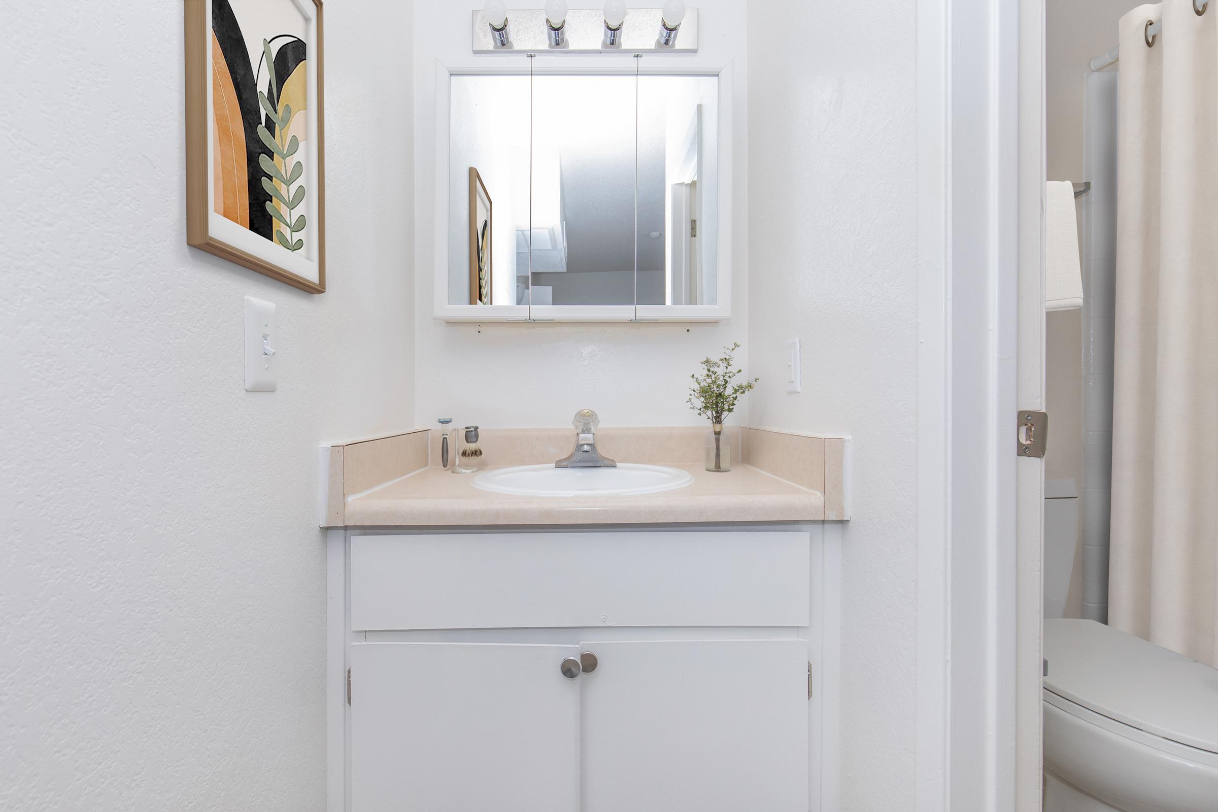 A bright bathroom featuring a small white vanity with a sink, a mirror above it, and light fixtures. There's a decorative framed print on the wall, a small vase with greenery on the counter, and a shower curtain visible in the background. The space is clean and minimalistic in style.