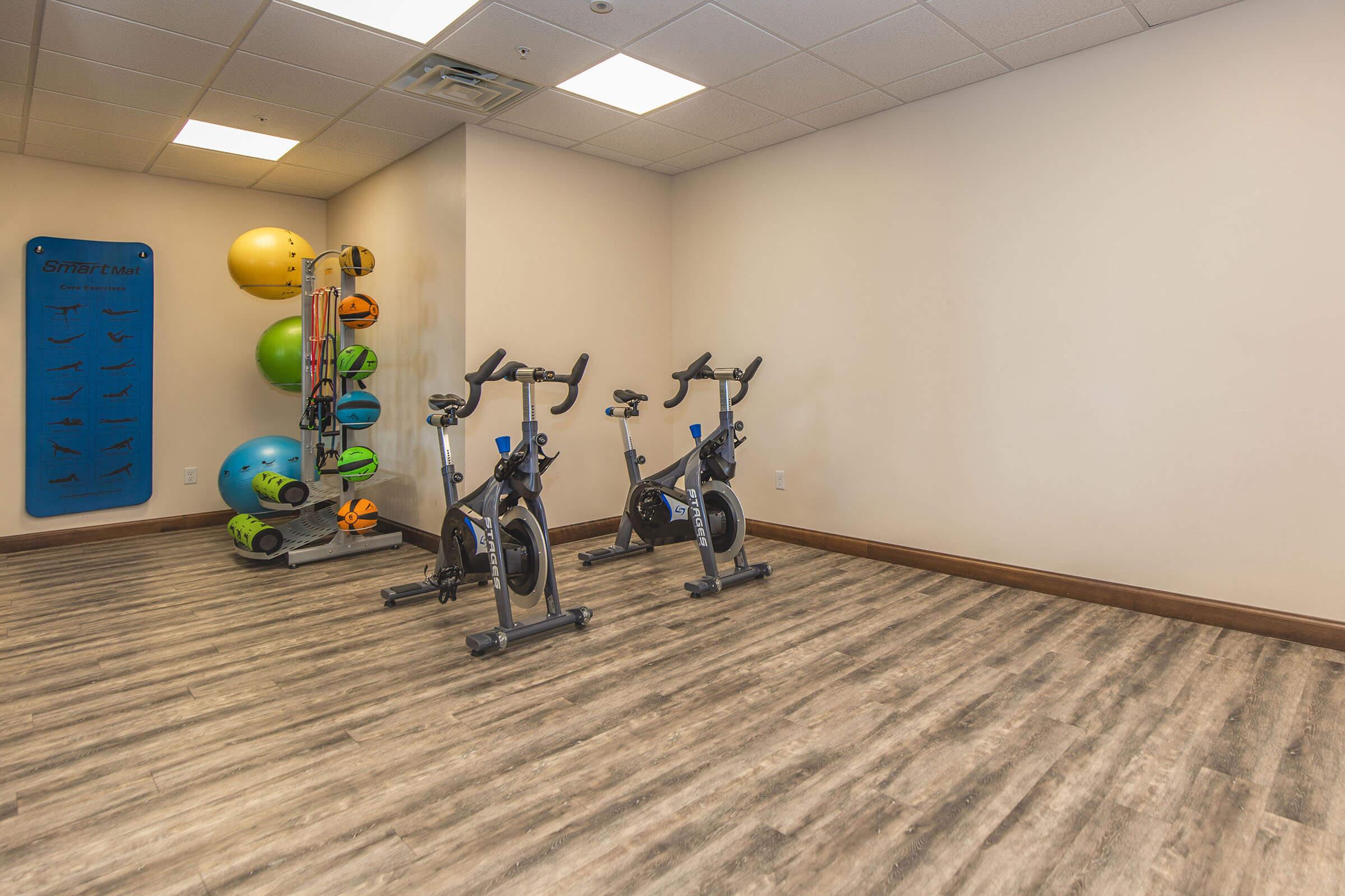 A fitness room featuring three stationary exercise bikes, a wall display with various exercise equipment, and a corner with colorful exercise balls. The floor has a wood-like finish, and the walls are painted a neutral color, creating a bright and open atmosphere for workouts.