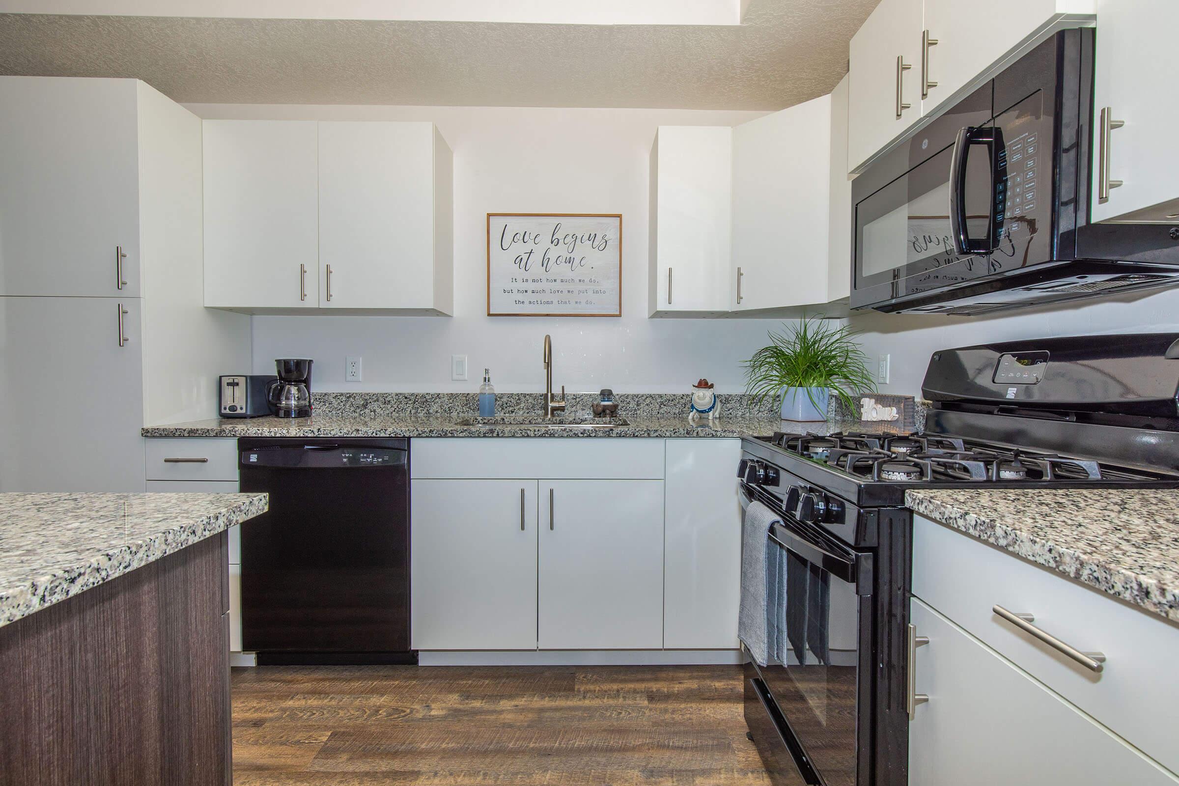 A modern kitchen featuring white cabinetry, granite countertops, and stainless steel appliances. Includes a gas stove, microwave, and coffee maker. Decorative elements like a plant and wall art are present, creating a warm and inviting atmosphere. The floor is wood-like, adding to the contemporary design.