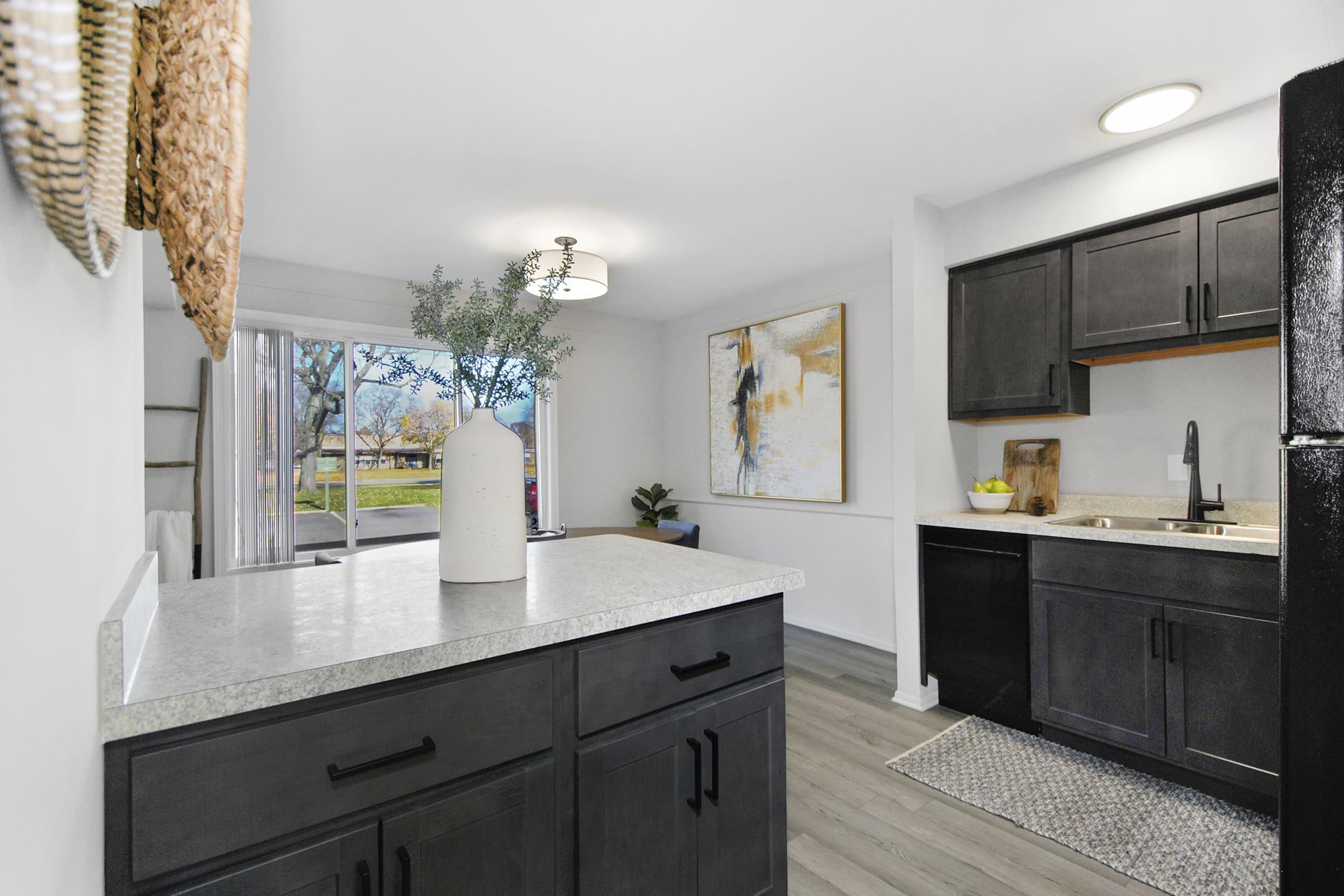 A modern kitchen featuring dark cabinetry, a light countertop, and a decorative vase with greenery on the island. There is a large window with outdoor views, a piece of art on the wall, and a rug on the floor, creating a bright and inviting atmosphere.