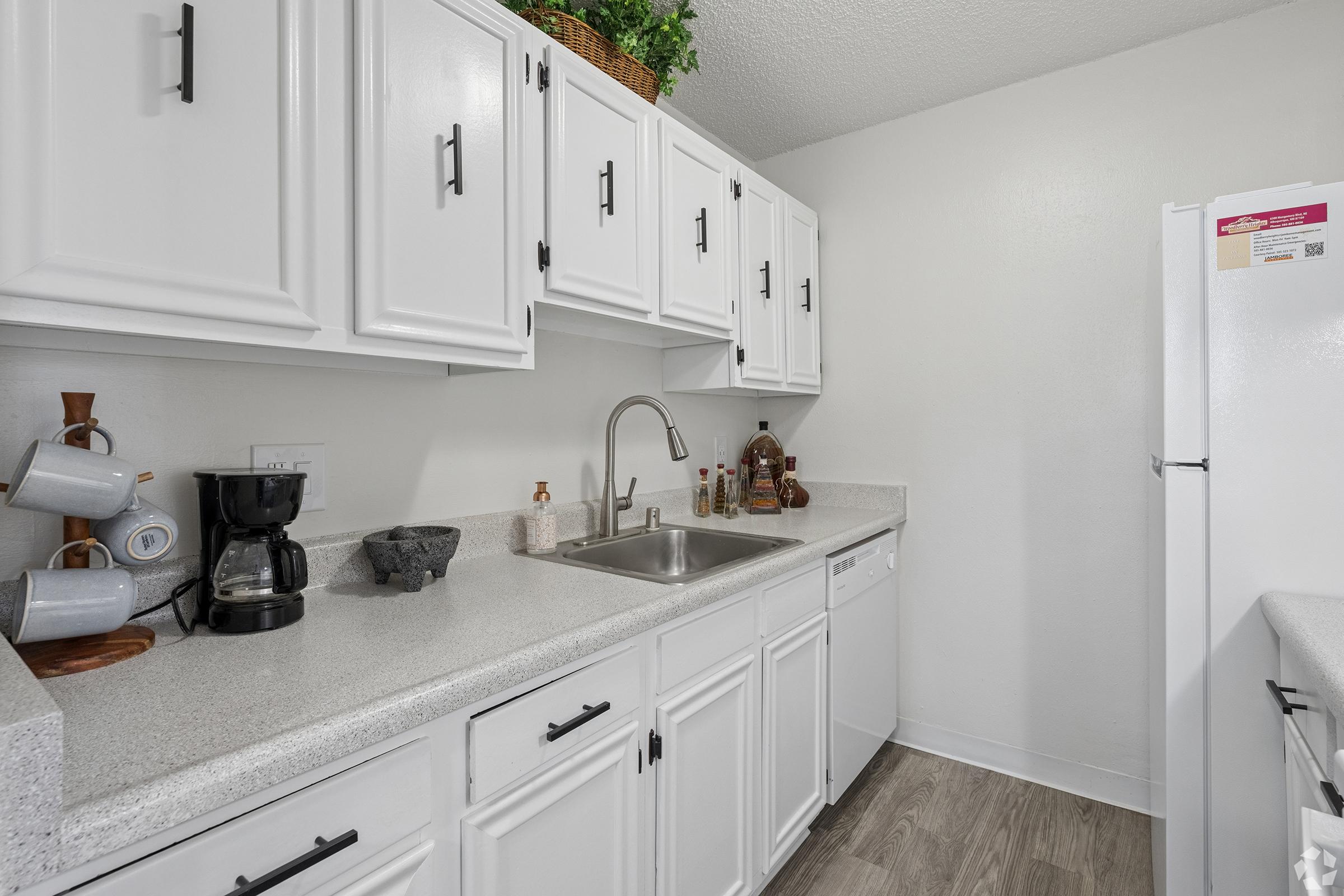 A clean and bright kitchen featuring white cabinetry with black handles, a stainless steel sink, and appliances including a coffee maker and refrigerator. The countertop is simple and organized, with decorative items and a potted plant adding a touch of warmth.